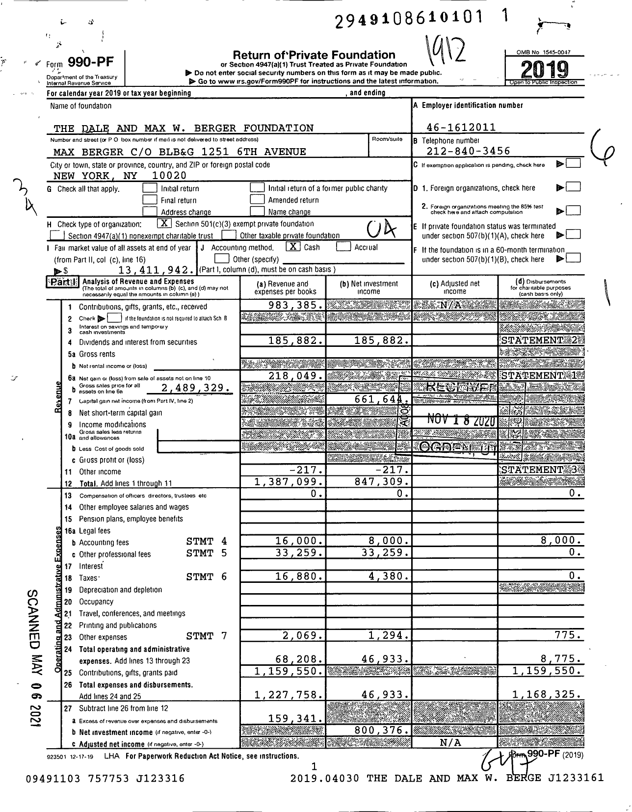 Image of first page of 2019 Form 990PF for The Dale and Max Berger Family Foundation