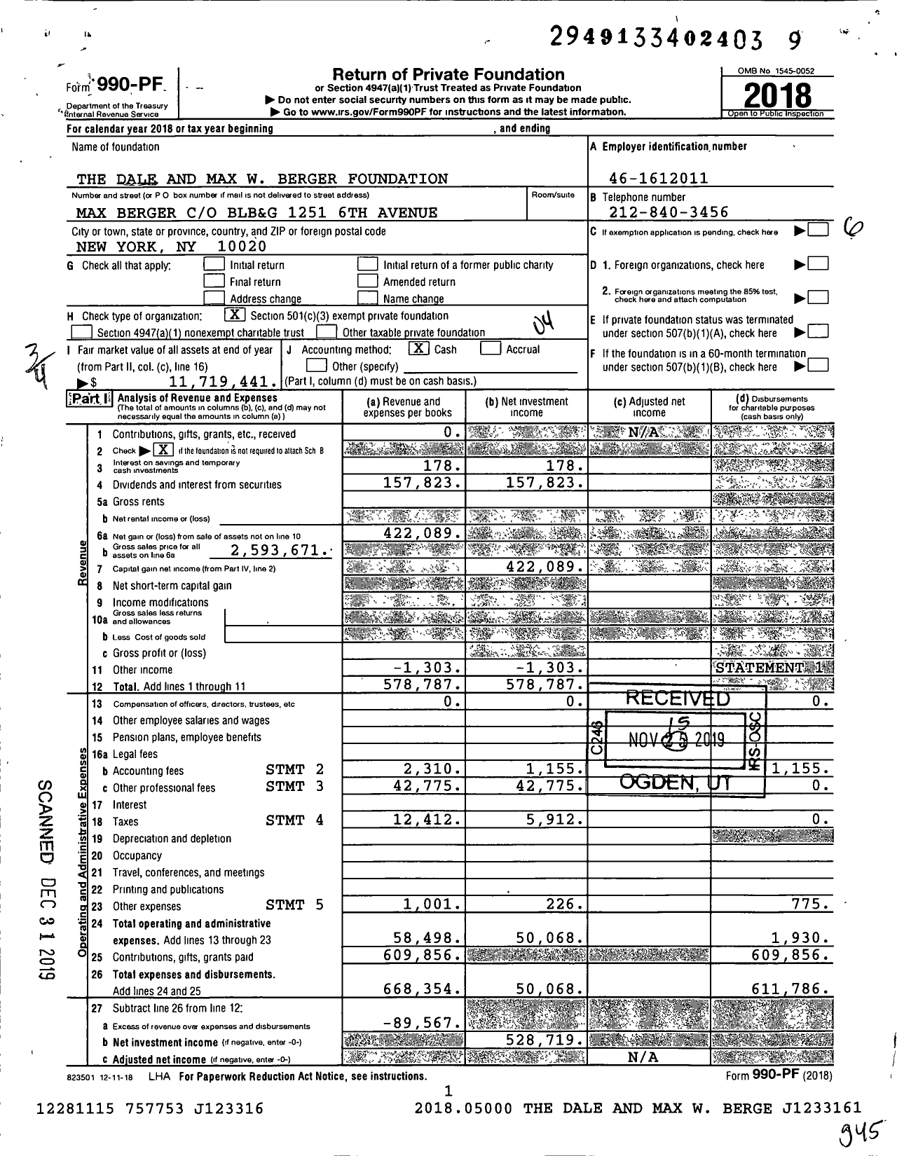 Image of first page of 2018 Form 990PF for The Dale and Max Berger Family Foundation