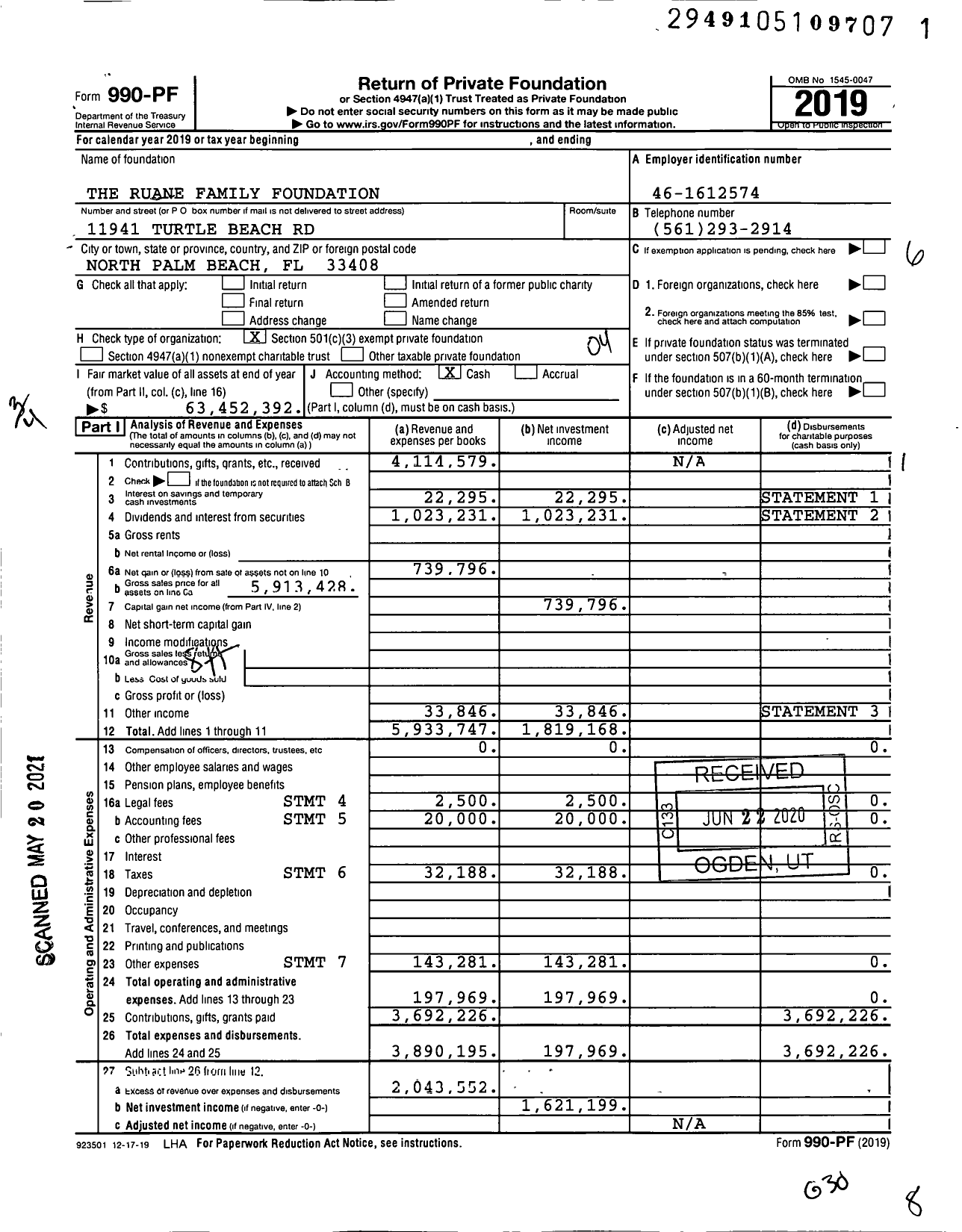 Image of first page of 2019 Form 990PF for The Ruane Family Foundation