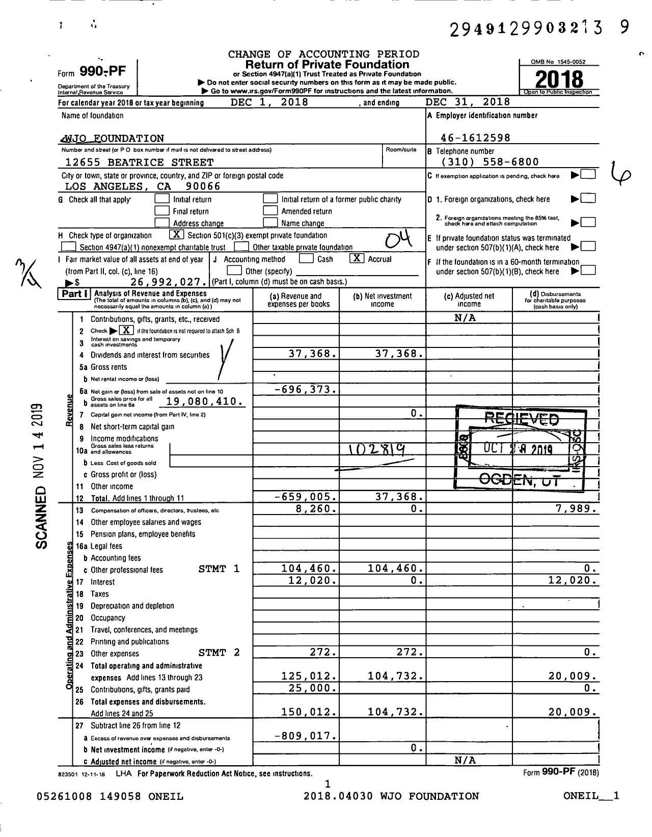 Image of first page of 2018 Form 990PF for Wjo Foundation