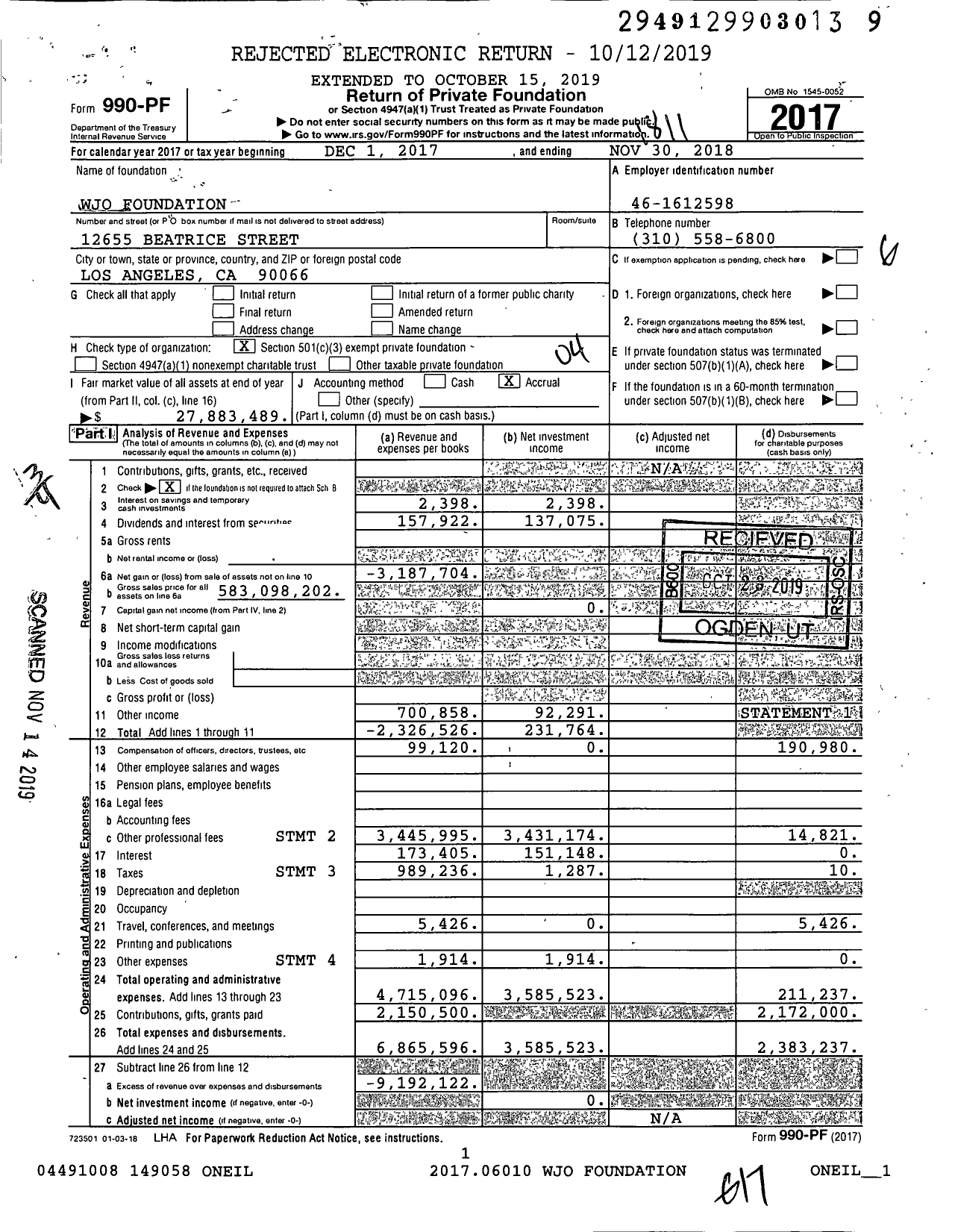 Image of first page of 2017 Form 990PF for Wjo Foundation