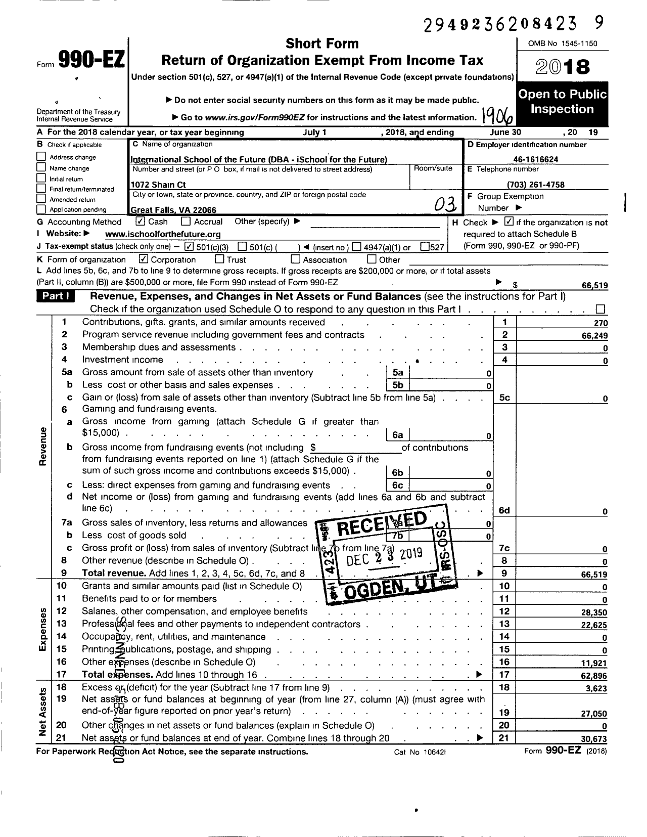 Image of first page of 2018 Form 990EZ for International School of the Future