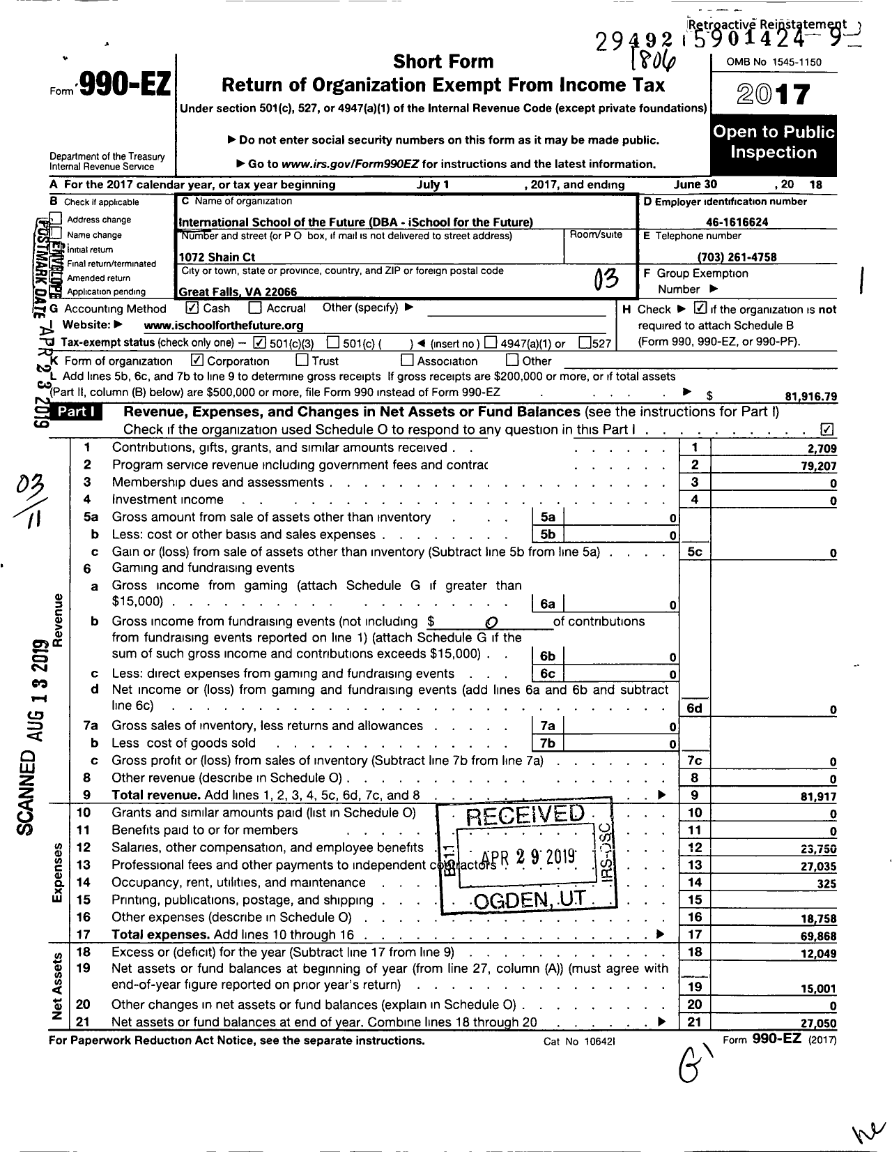 Image of first page of 2017 Form 990EZ for International School of the Future