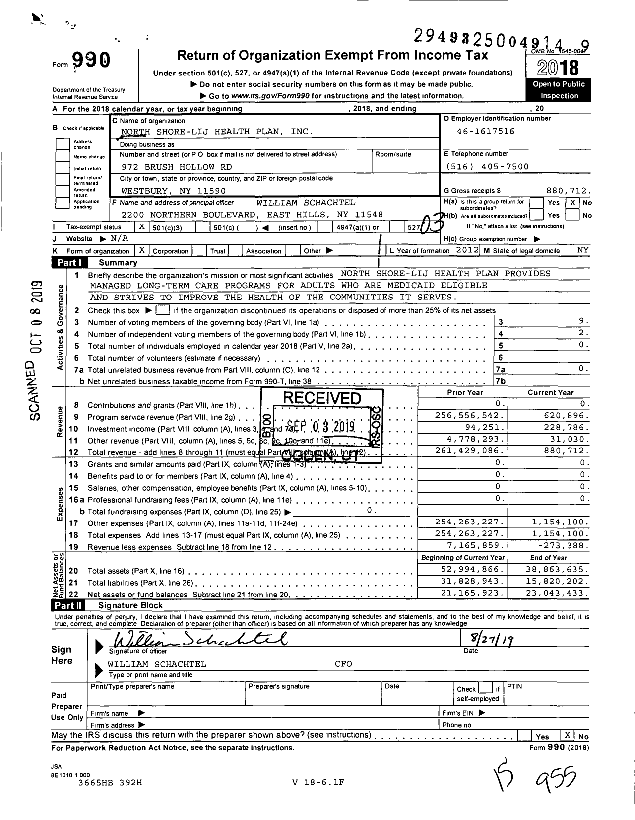 Image of first page of 2018 Form 990 for North Shore-Lij Health Plan