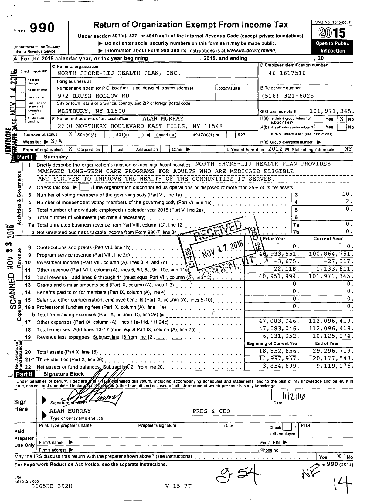 Image of first page of 2015 Form 990 for North Shore-Lij Health Plan