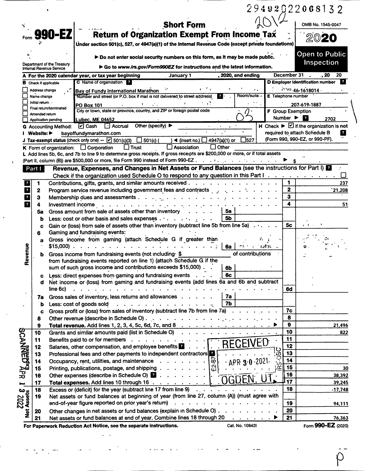 Image of first page of 2020 Form 990EZ for Bay of Fundy International Marathon