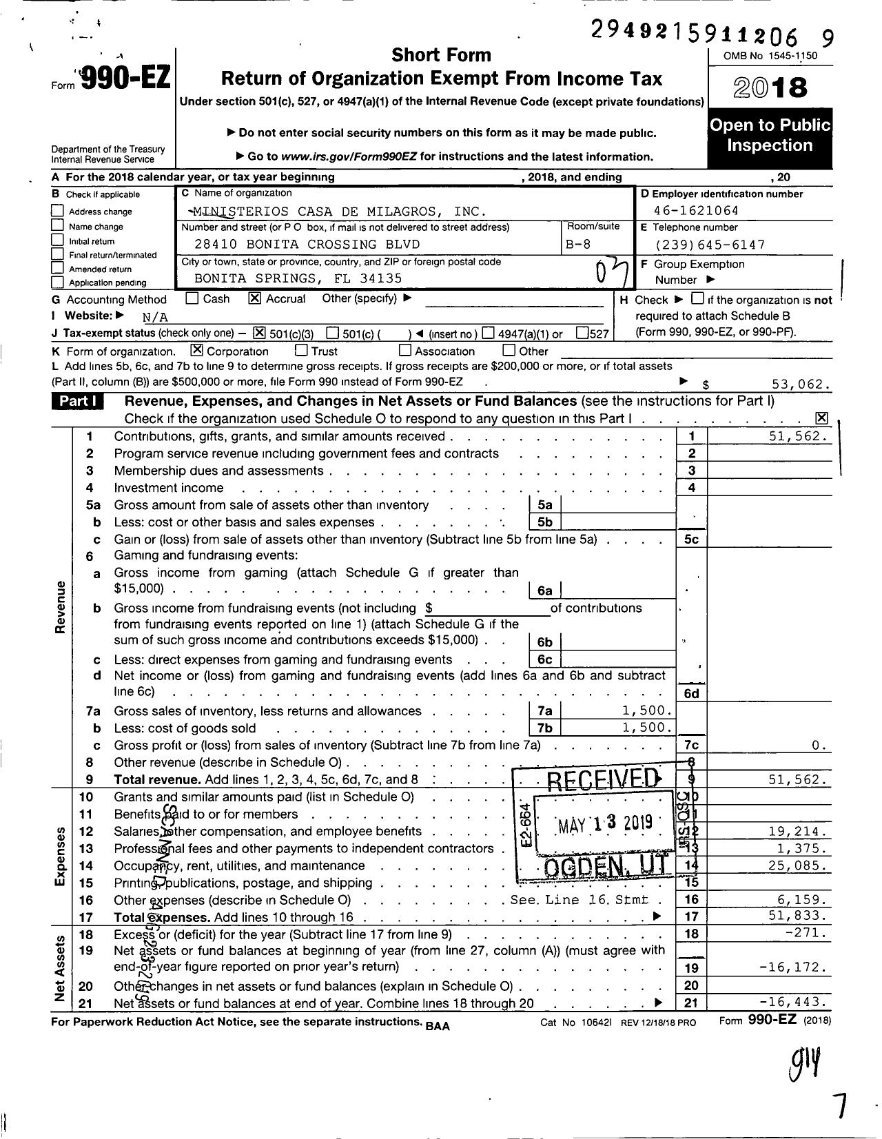 Image of first page of 2018 Form 990EZ for Ministerios Casa de Milagros