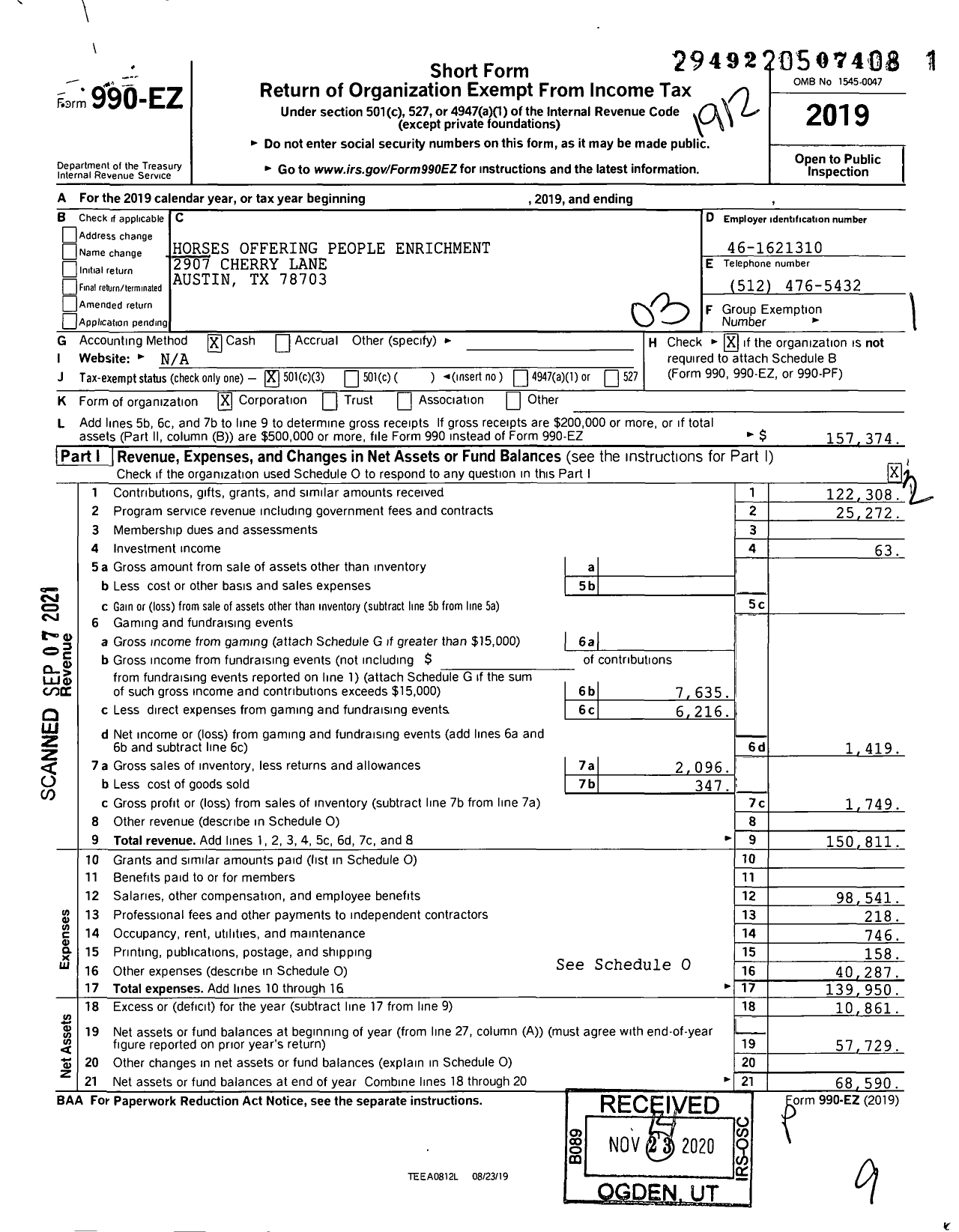 Image of first page of 2019 Form 990EZ for Horses Offering People Enrichment Therapeutic Services