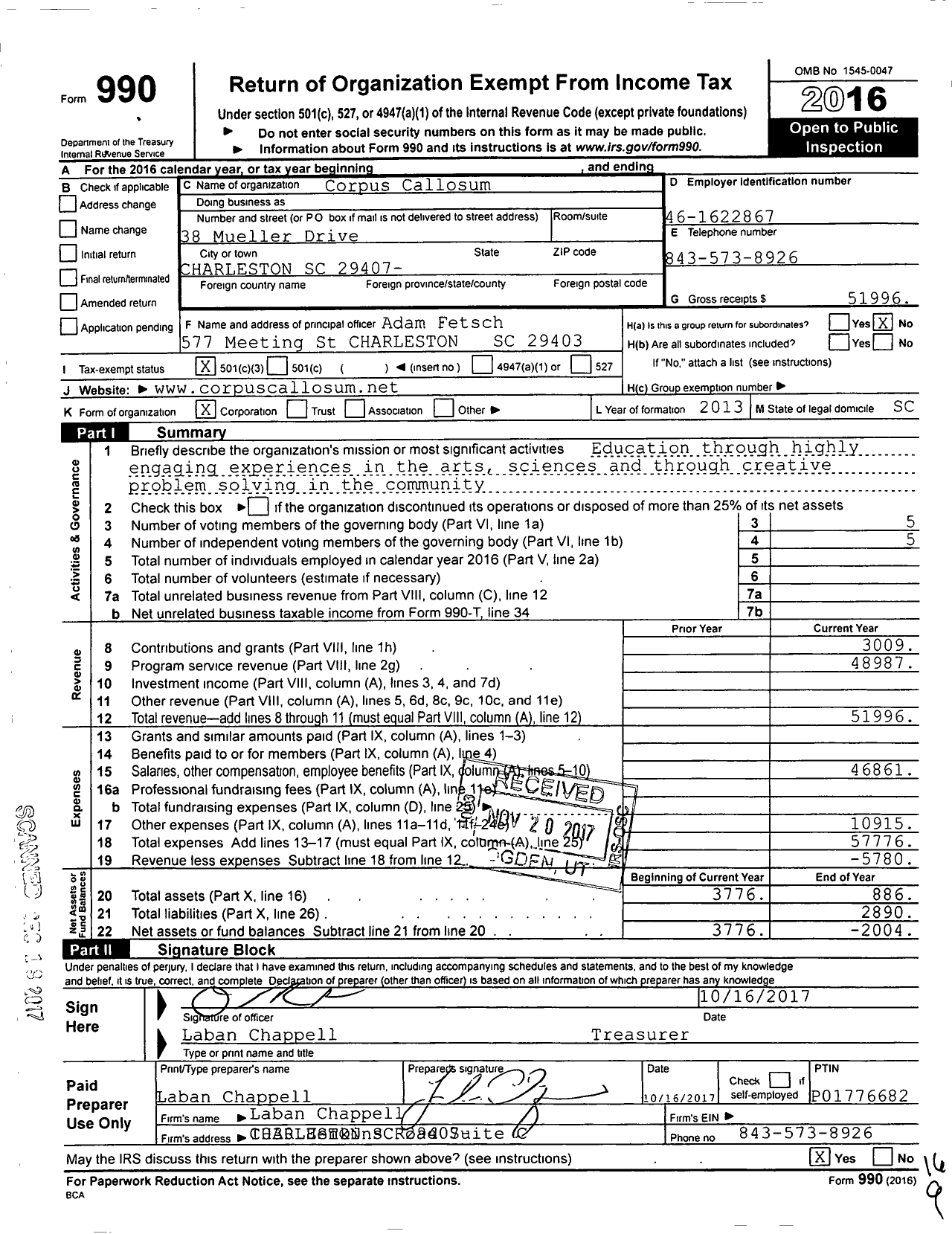 Image of first page of 2016 Form 990 for Corpus Callosum