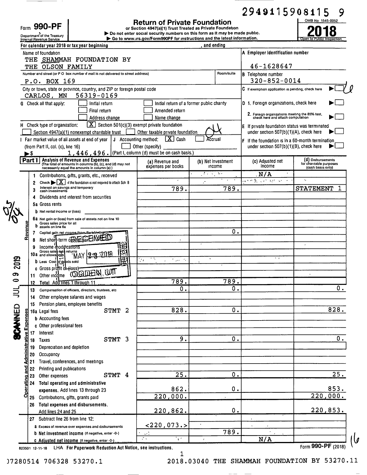 Image of first page of 2018 Form 990PF for The Shammah Foundation By the Olson Family