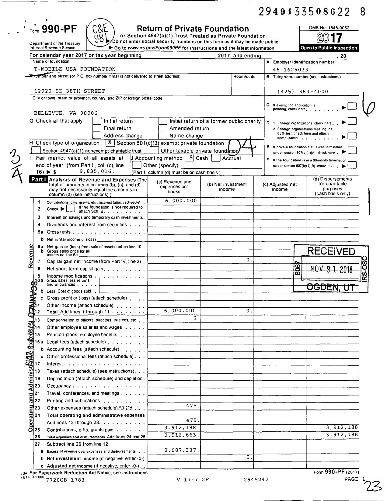 Image of first page of 2017 Form 990PF for T-Mobile USA Foundation