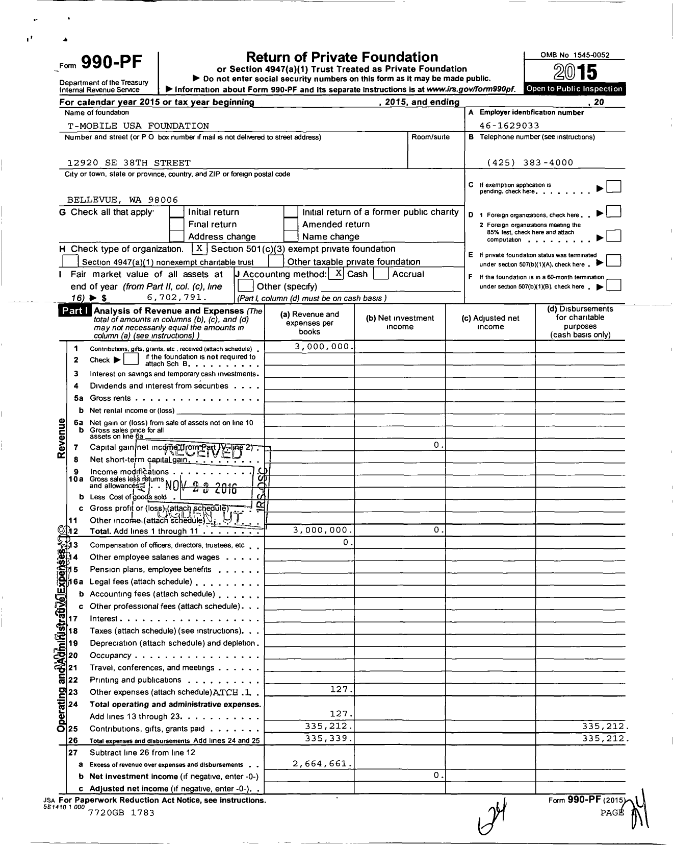 Image of first page of 2015 Form 990PF for T-Mobile USA Foundation