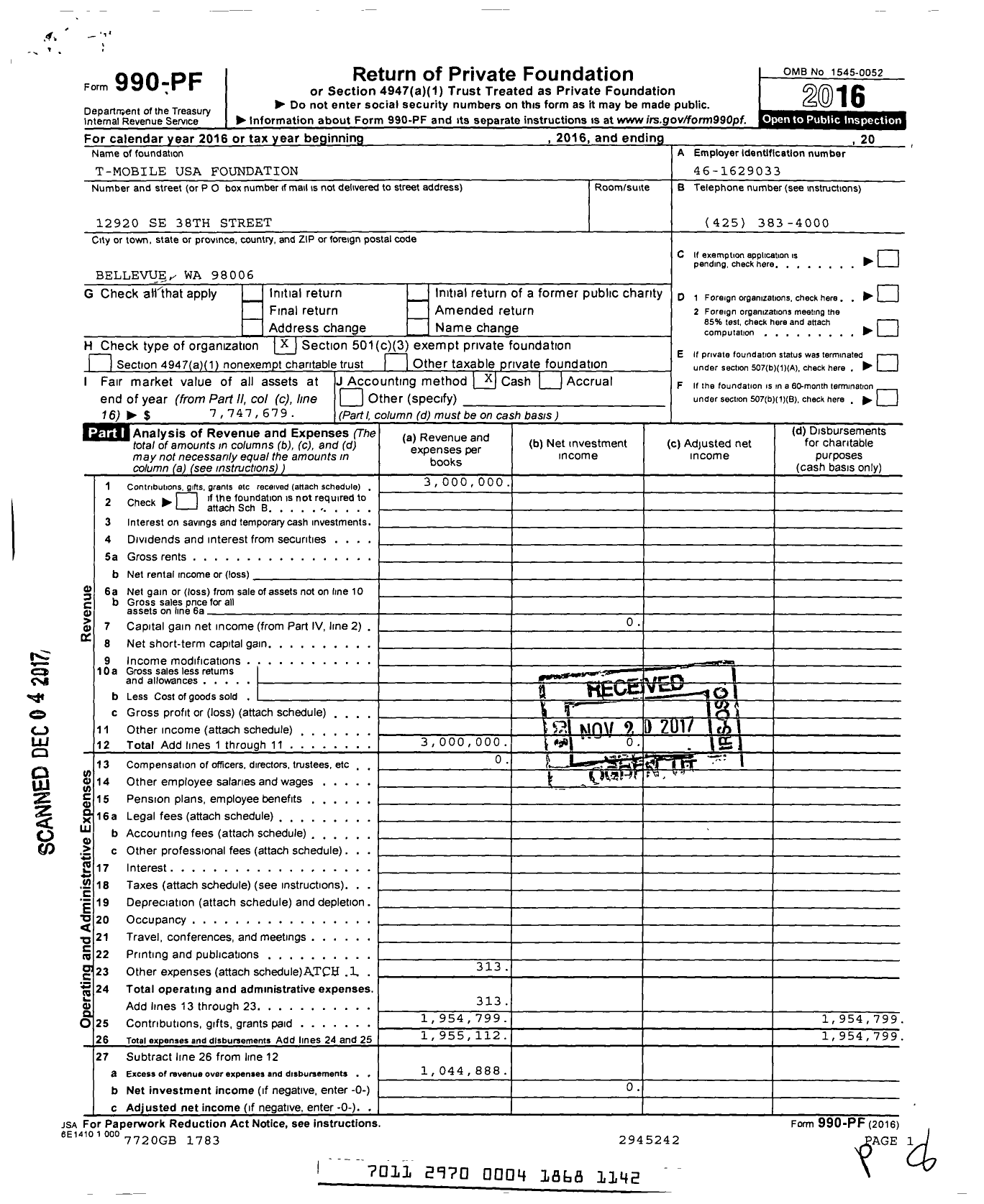Image of first page of 2016 Form 990PF for T-Mobile USA Foundation