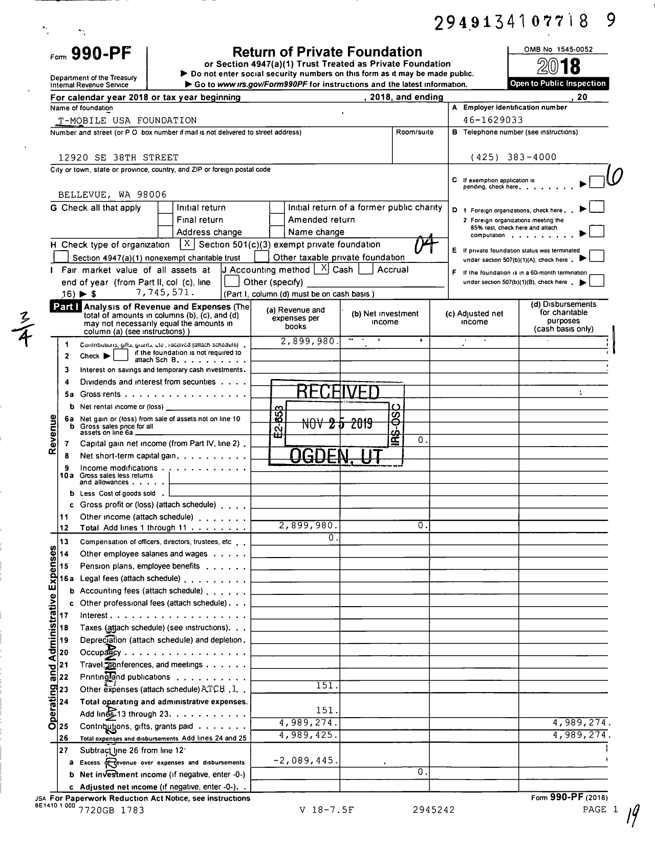 Image of first page of 2018 Form 990PF for T-Mobile USA Foundation
