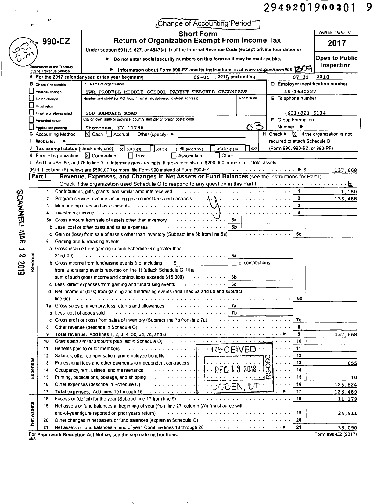 Image of first page of 2017 Form 990EZ for Parent Booster USA / SWR Prodell Middle School Parent Te