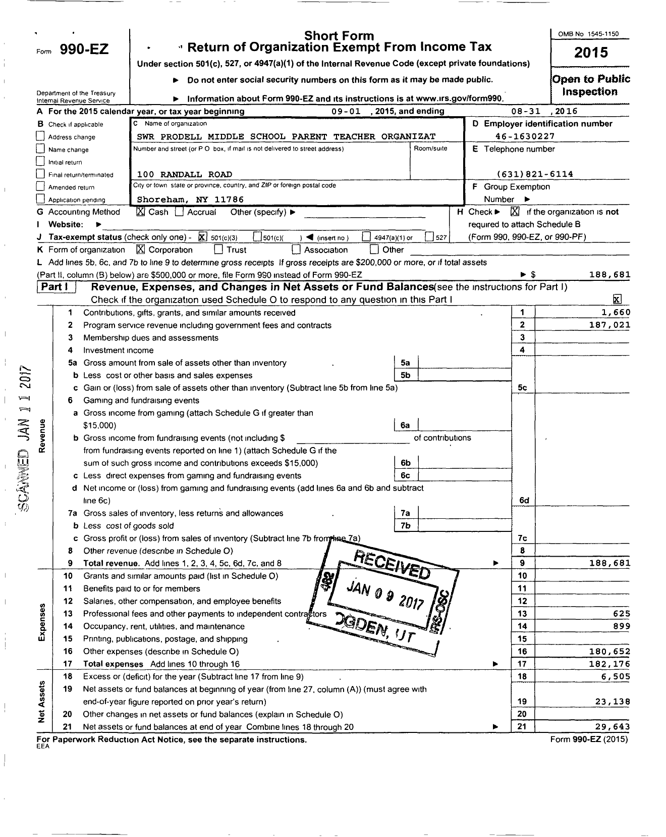 Image of first page of 2015 Form 990EZ for Parent Booster USA / SWR Prodell Middle School Parent Te