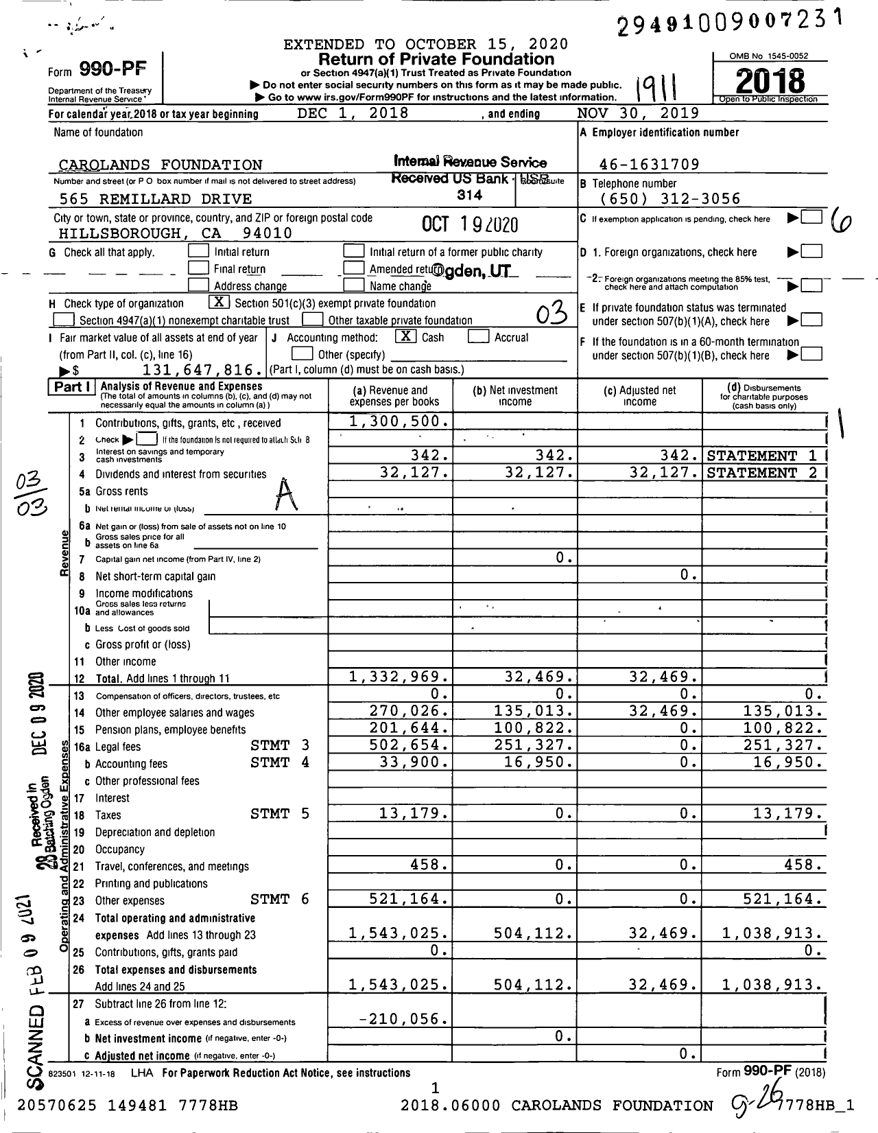 Image of first page of 2018 Form 990PF for Carolands Foundation