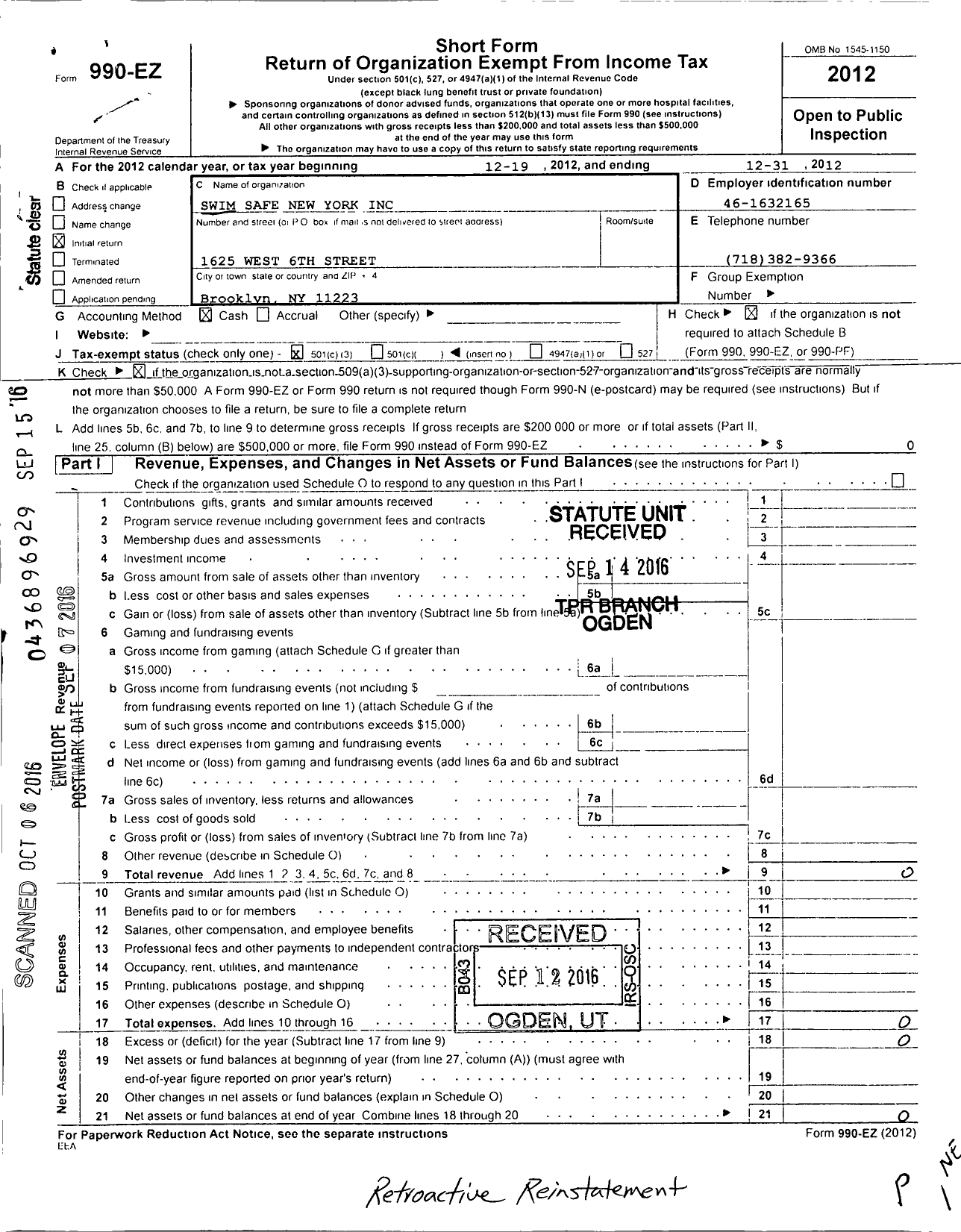 Image of first page of 2012 Form 990EZ for Swim Safe New York