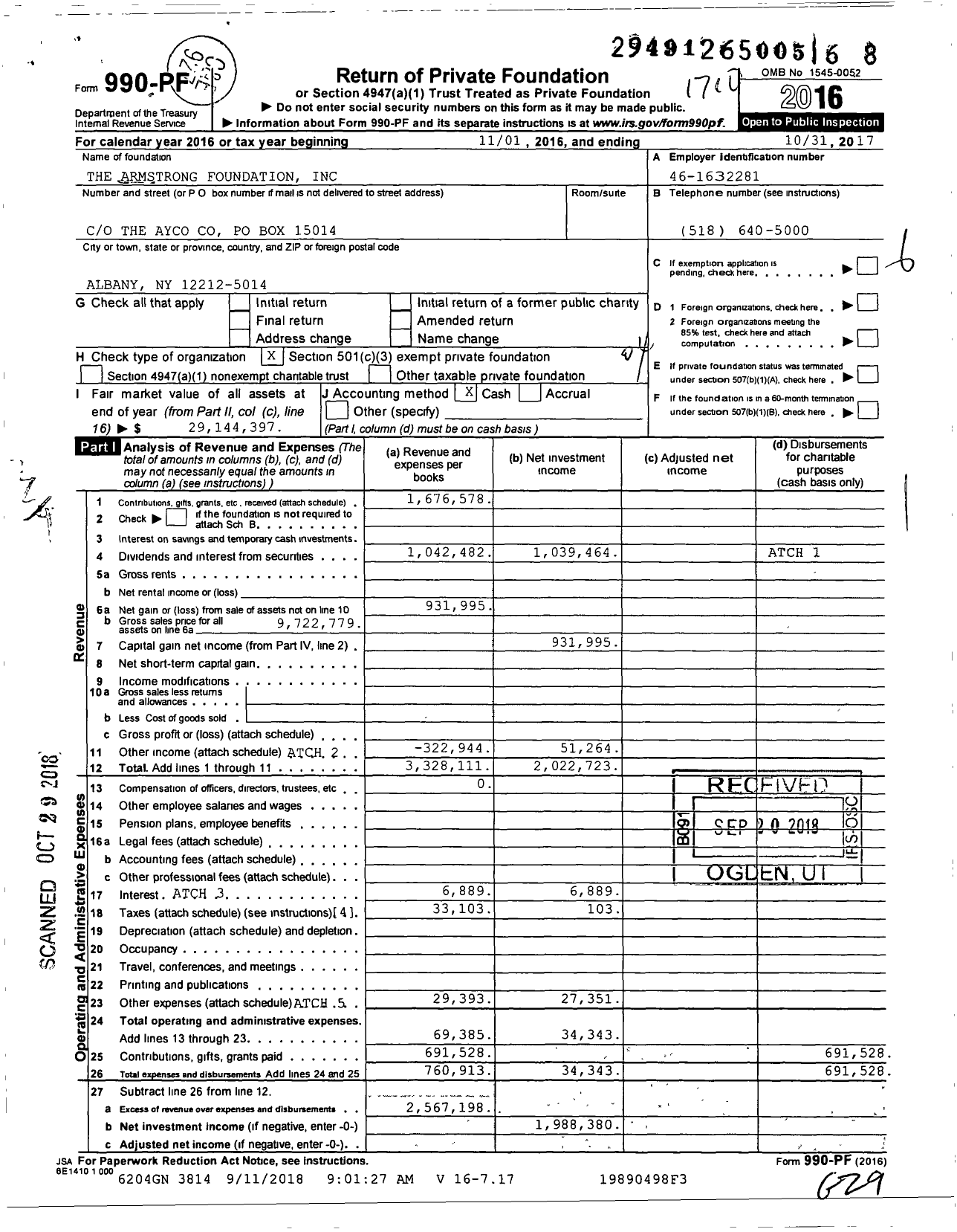 Image of first page of 2016 Form 990PF for The Armstrong Foundation