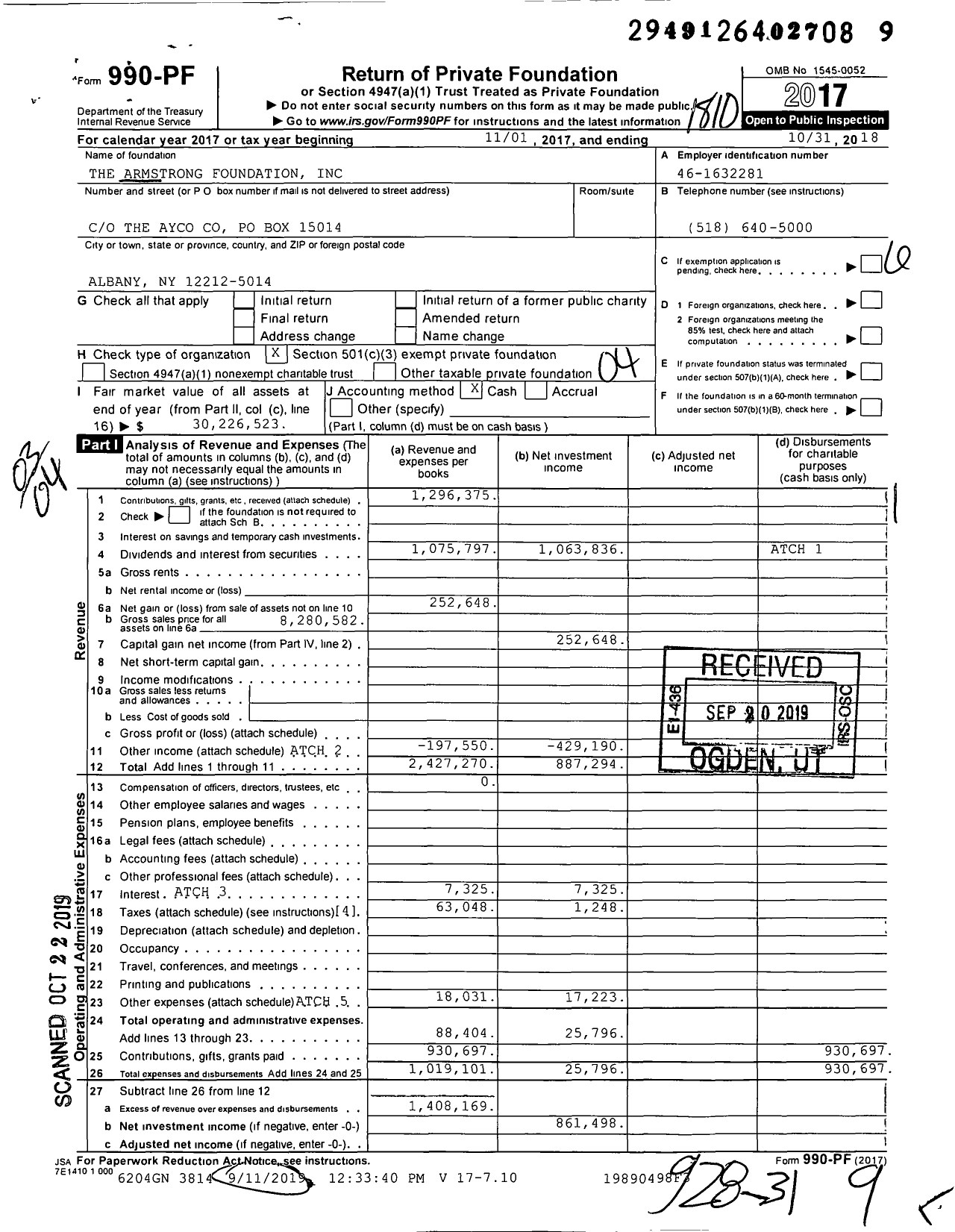 Image of first page of 2017 Form 990PF for The Armstrong Foundation