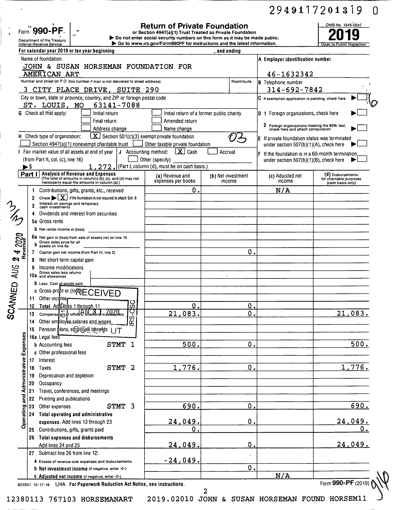 Image of first page of 2019 Form 990PR for John and Susan Horseman Foundation for American Art