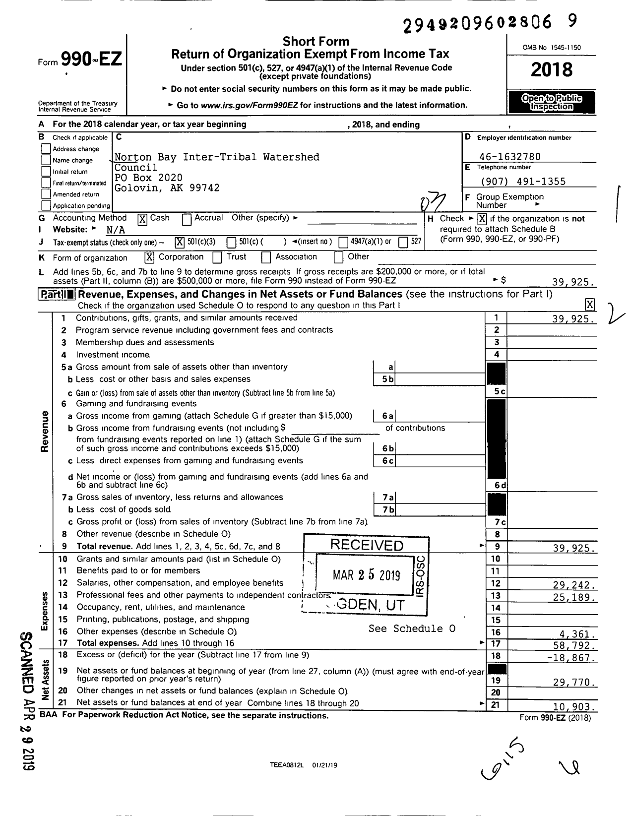 Image of first page of 2018 Form 990EZ for Norton Bay Inter-Tribal Watershed Council (NBITWC)