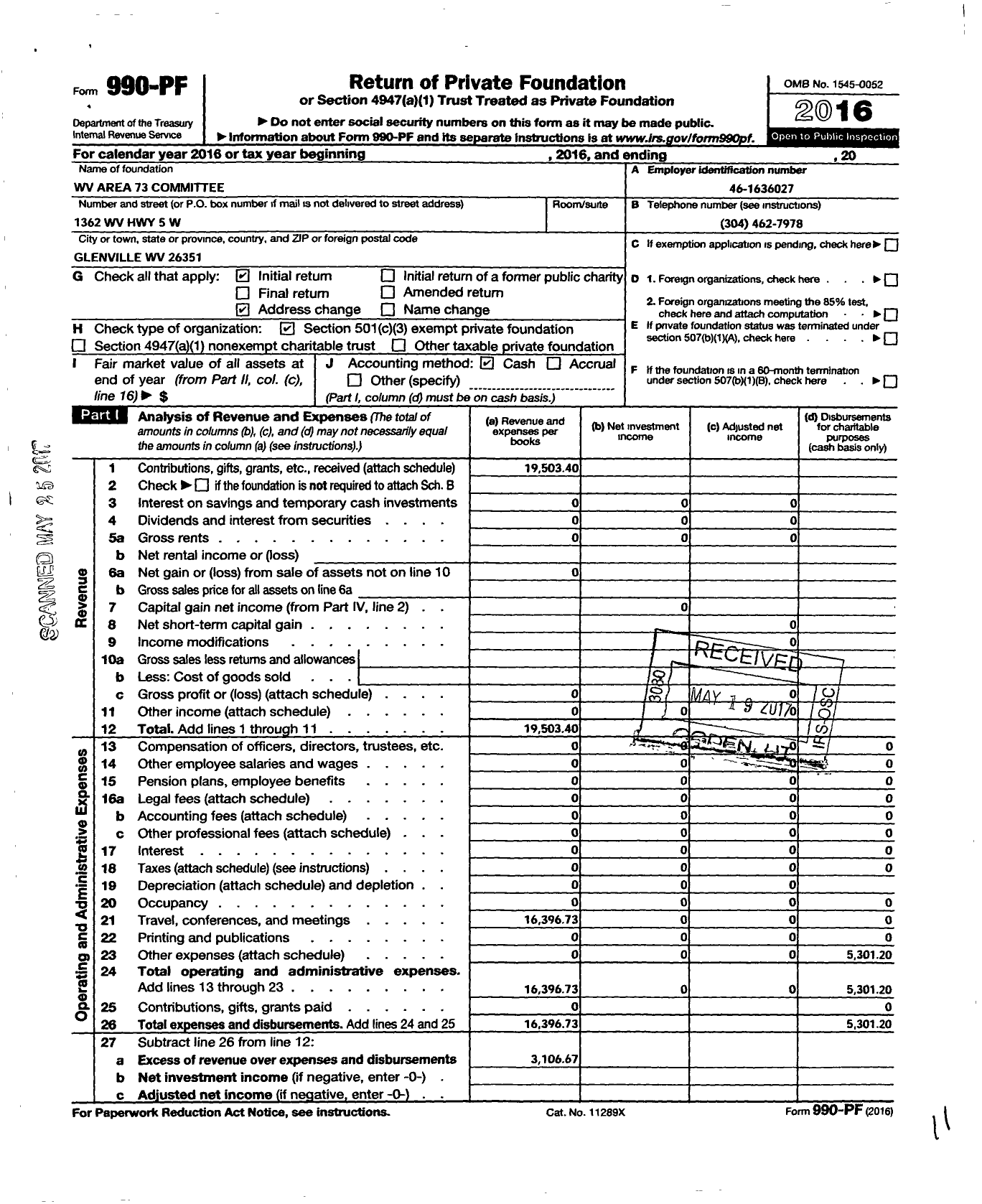 Image of first page of 2016 Form 990PF for WV Area 73 Committee