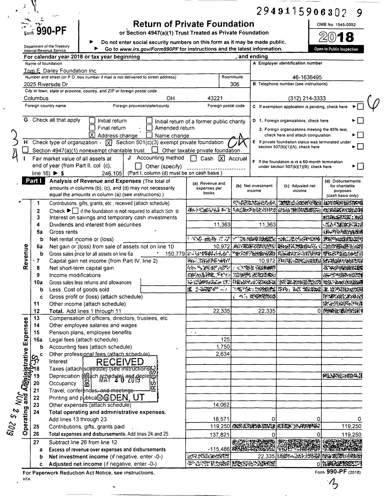 Image of first page of 2018 Form 990PF for Tom E Dailey Foundation Incorporated