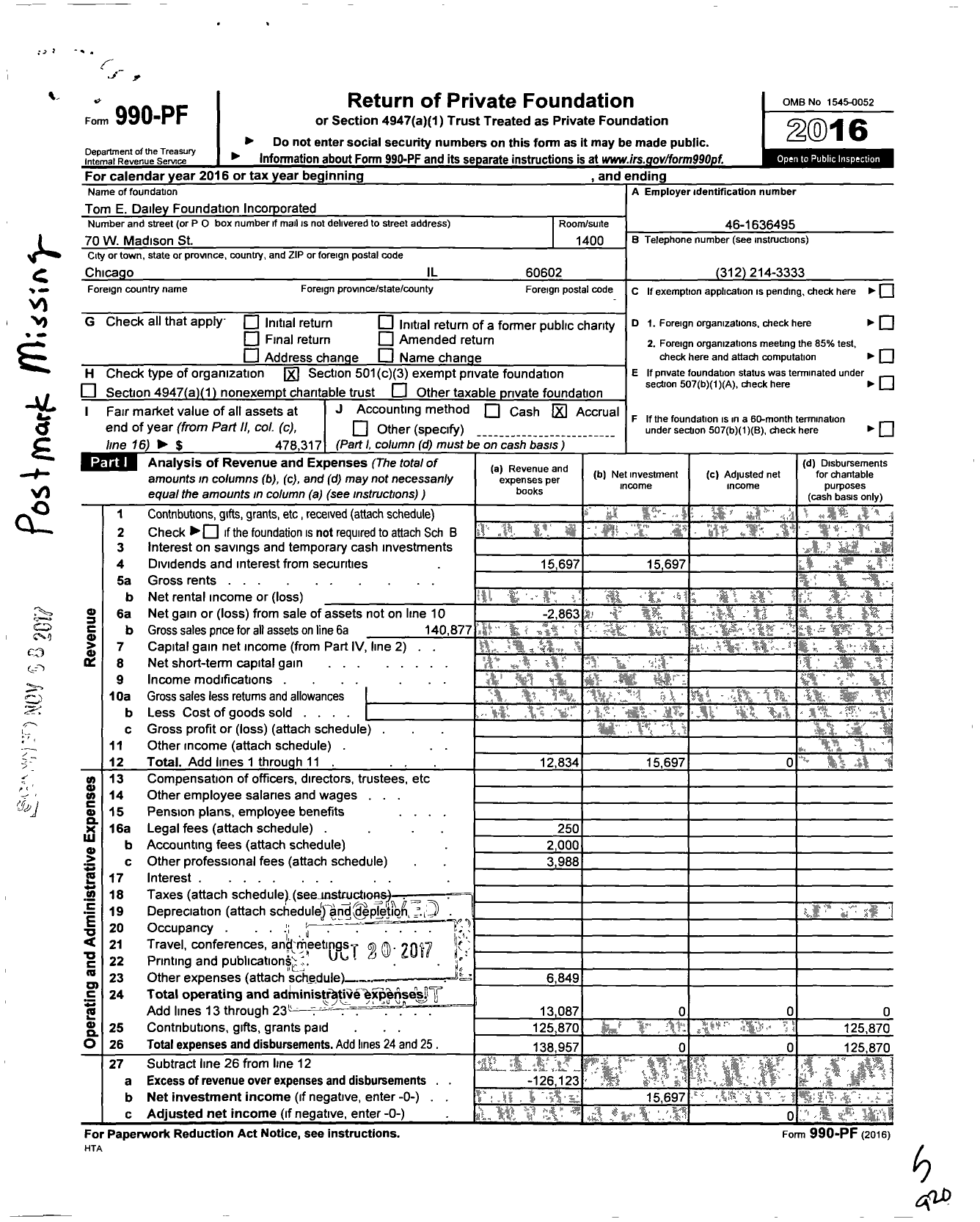 Image of first page of 2016 Form 990PF for Tom E Dailey Foundation Incorporated