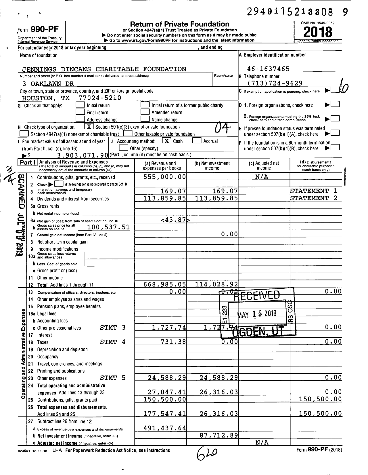 Image of first page of 2018 Form 990PF for Steen Family Foundation