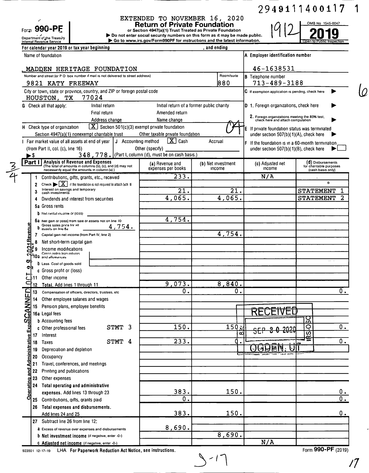 Image of first page of 2019 Form 990PF for Madden Heritage Foundation
