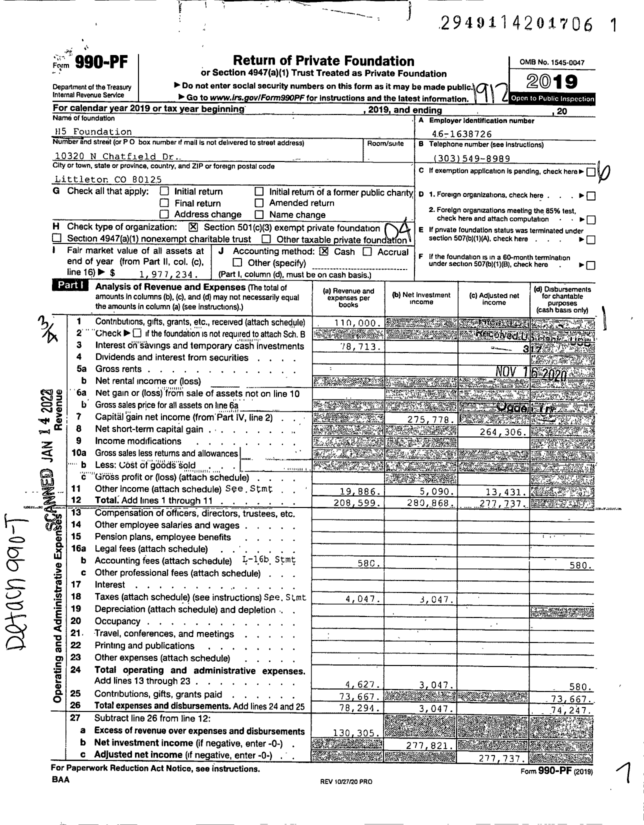 Image of first page of 2019 Form 990PF for H5 Foundation