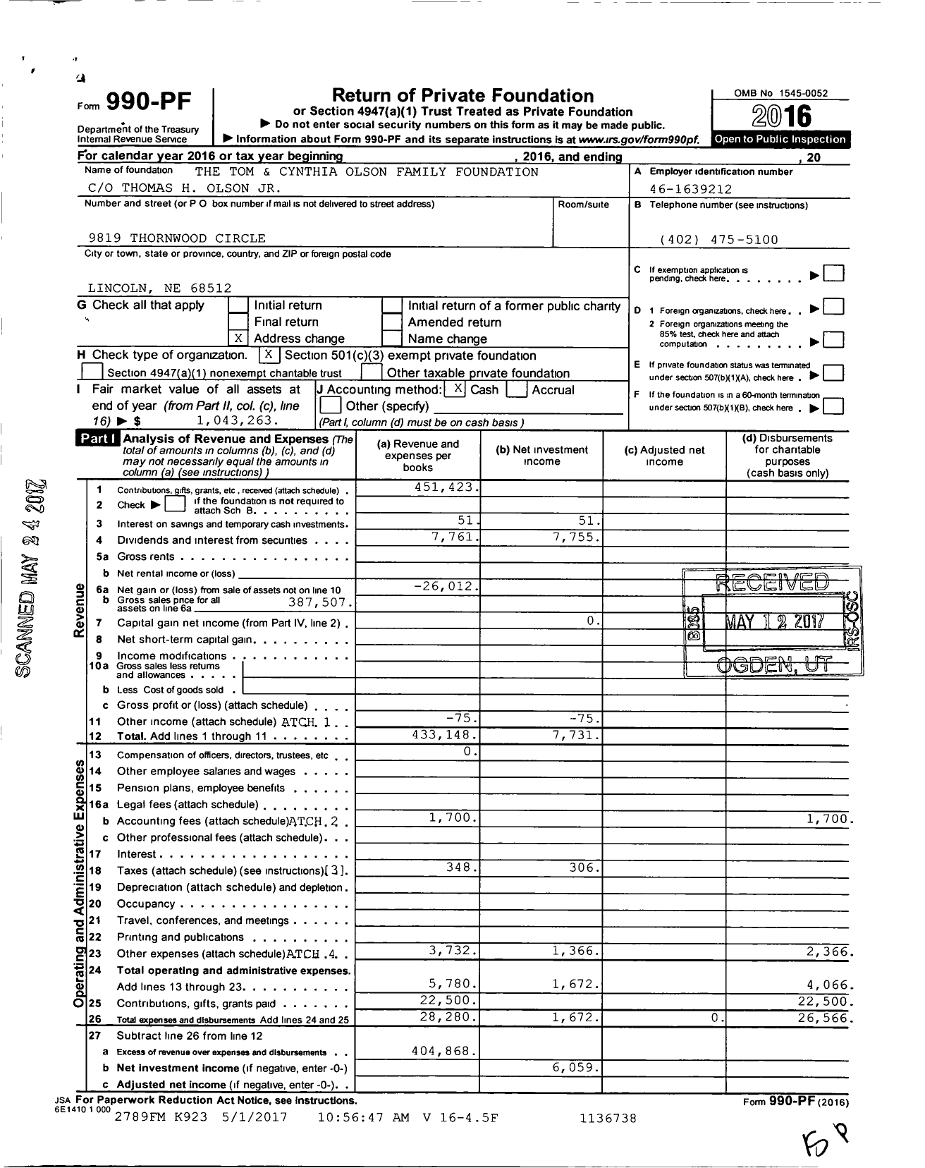 Image of first page of 2016 Form 990PF for Olson Tom & Cynthia Family Foundation