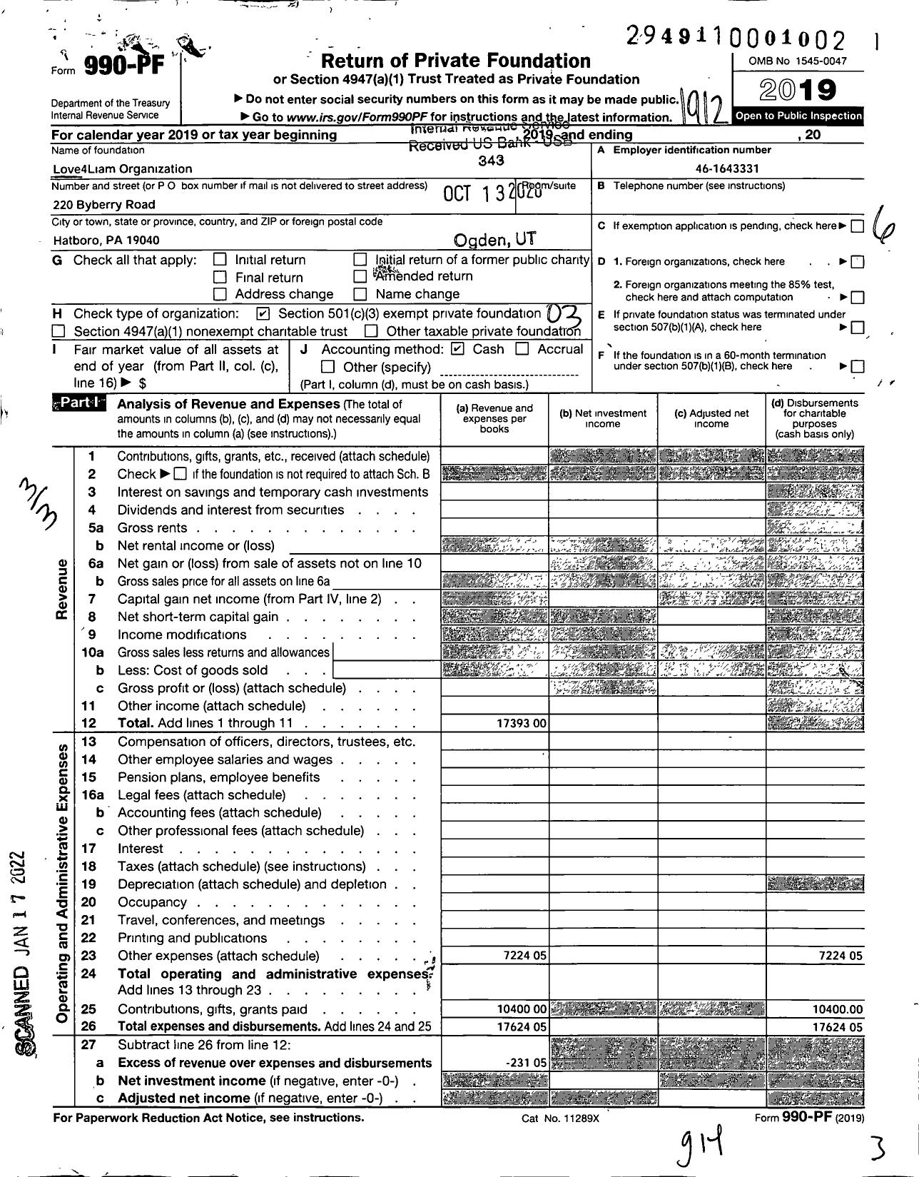 Image of first page of 2019 Form 990PF for Love 4 Liam Organization