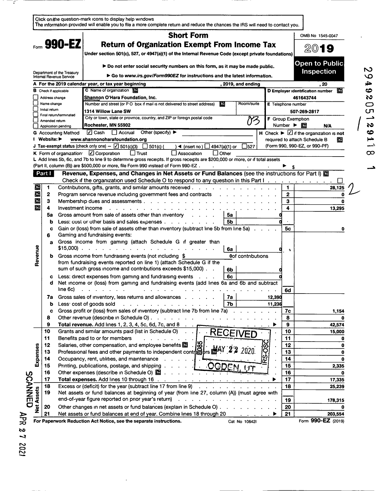 Image of first page of 2019 Form 990EZ for Shannon O'Hara Foundation