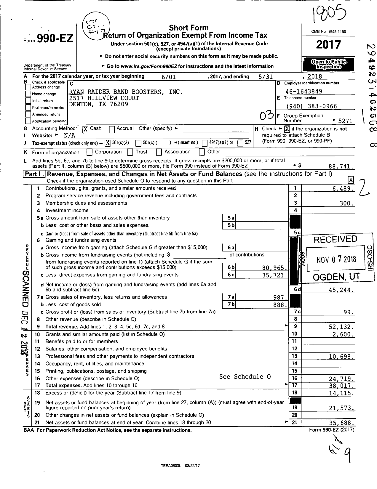 Image of first page of 2017 Form 990EZ for Ryan Raider Band Boosters