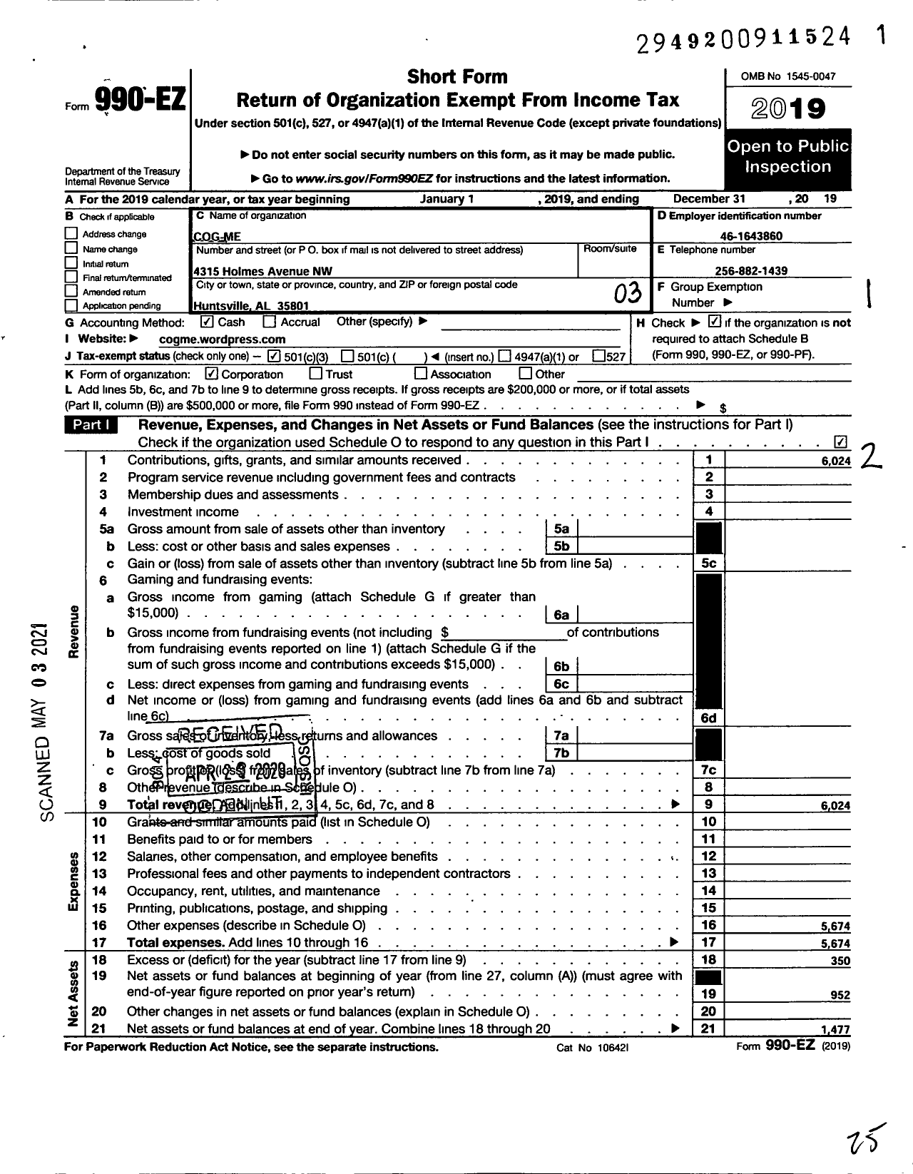 Image of first page of 2019 Form 990EZ for Cog-Me