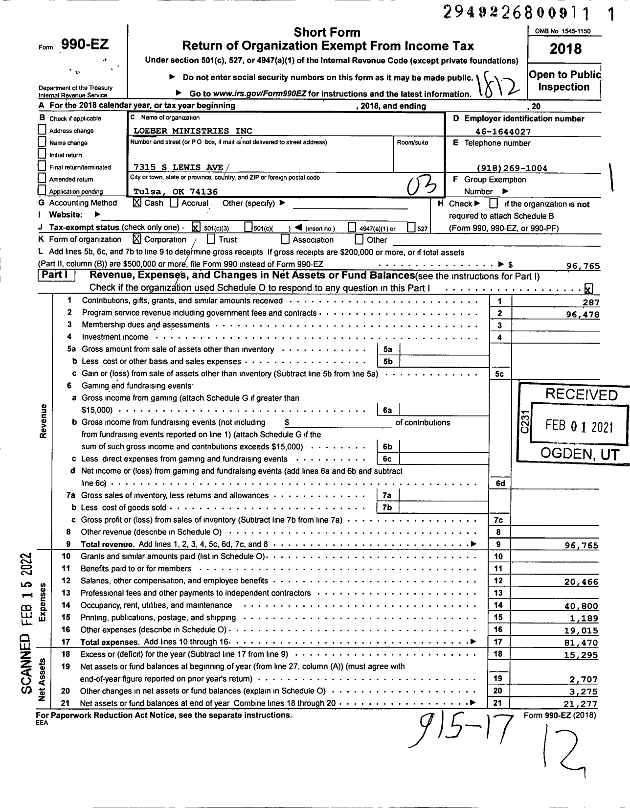 Image of first page of 2018 Form 990EZ for Loeber Ministries