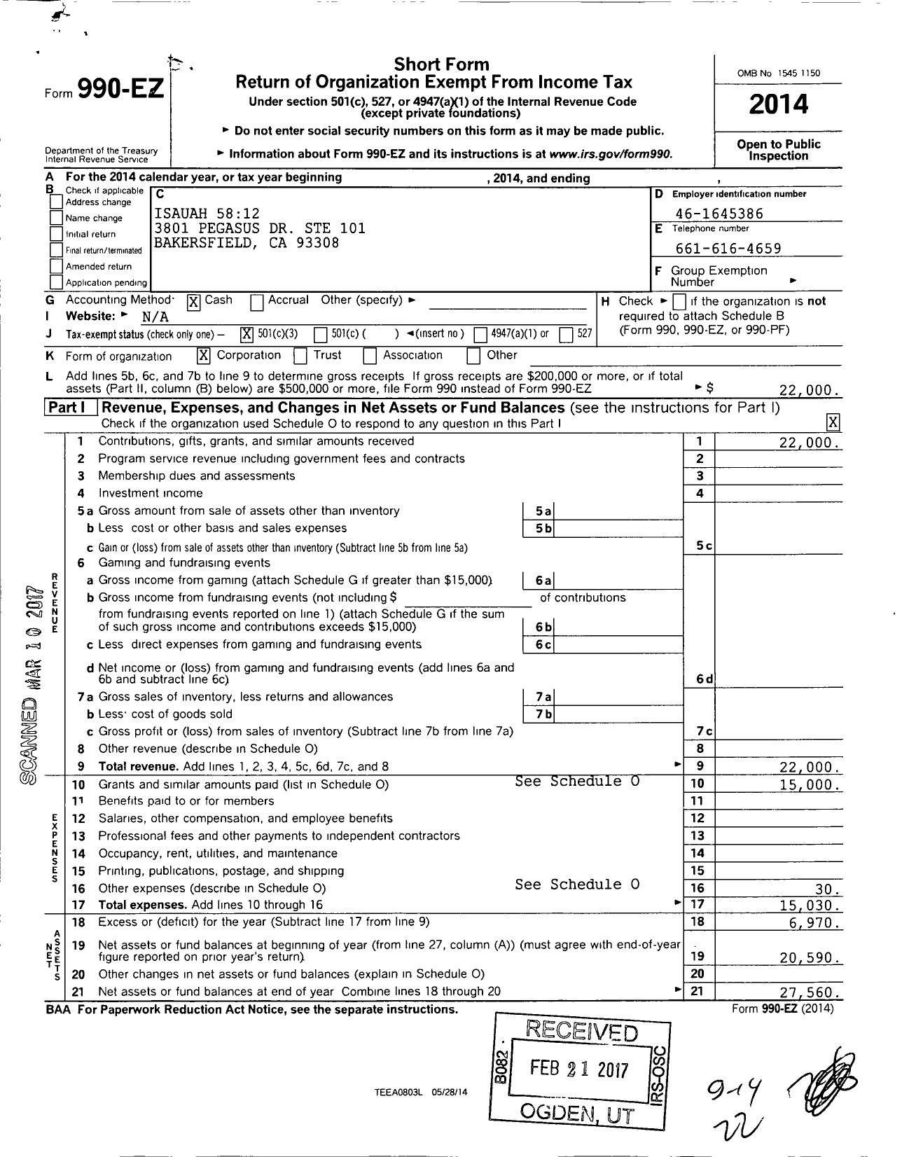 Image of first page of 2014 Form 990EZ for Isaiah 5812