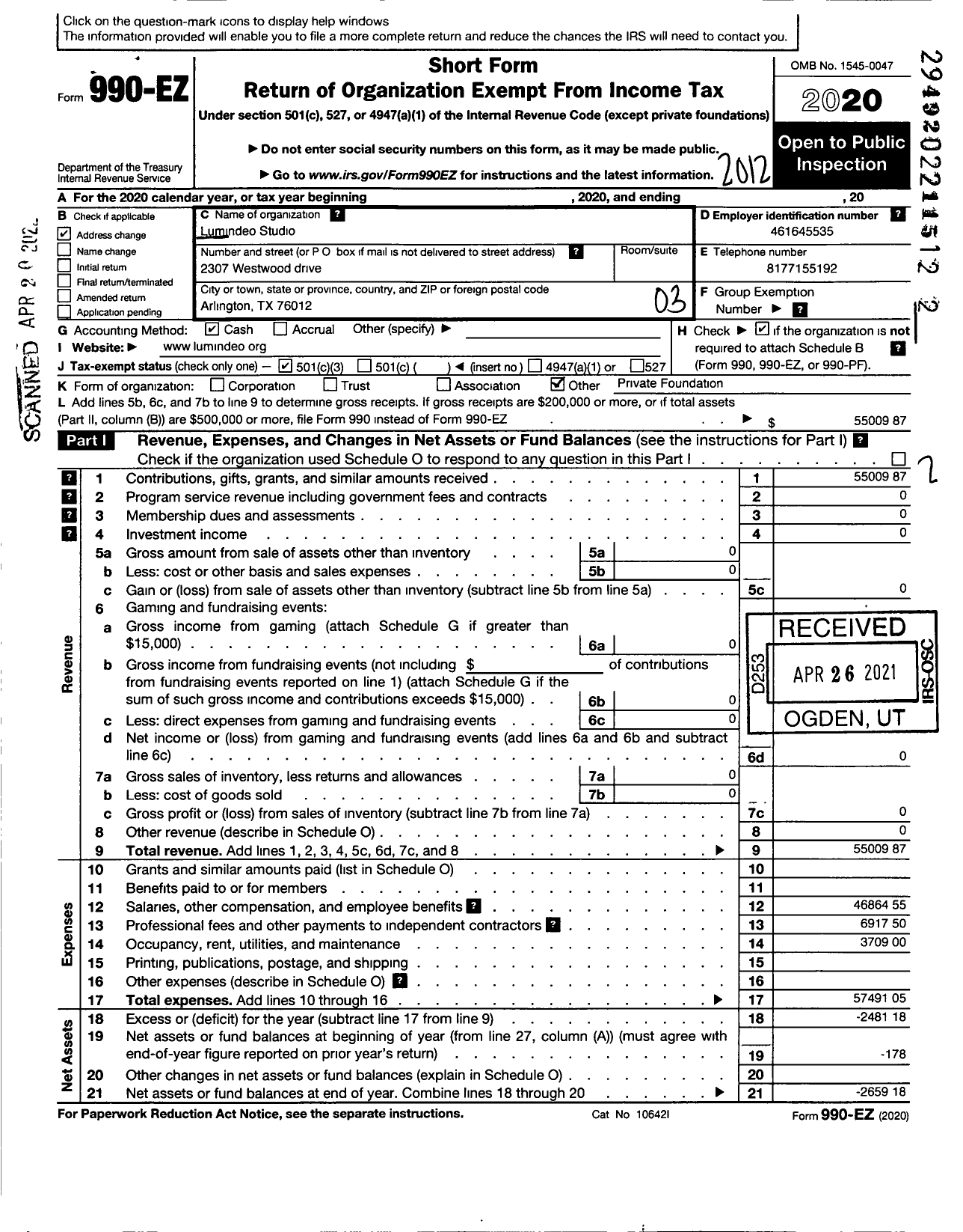 Image of first page of 2020 Form 990EZ for Lumindeo Studio