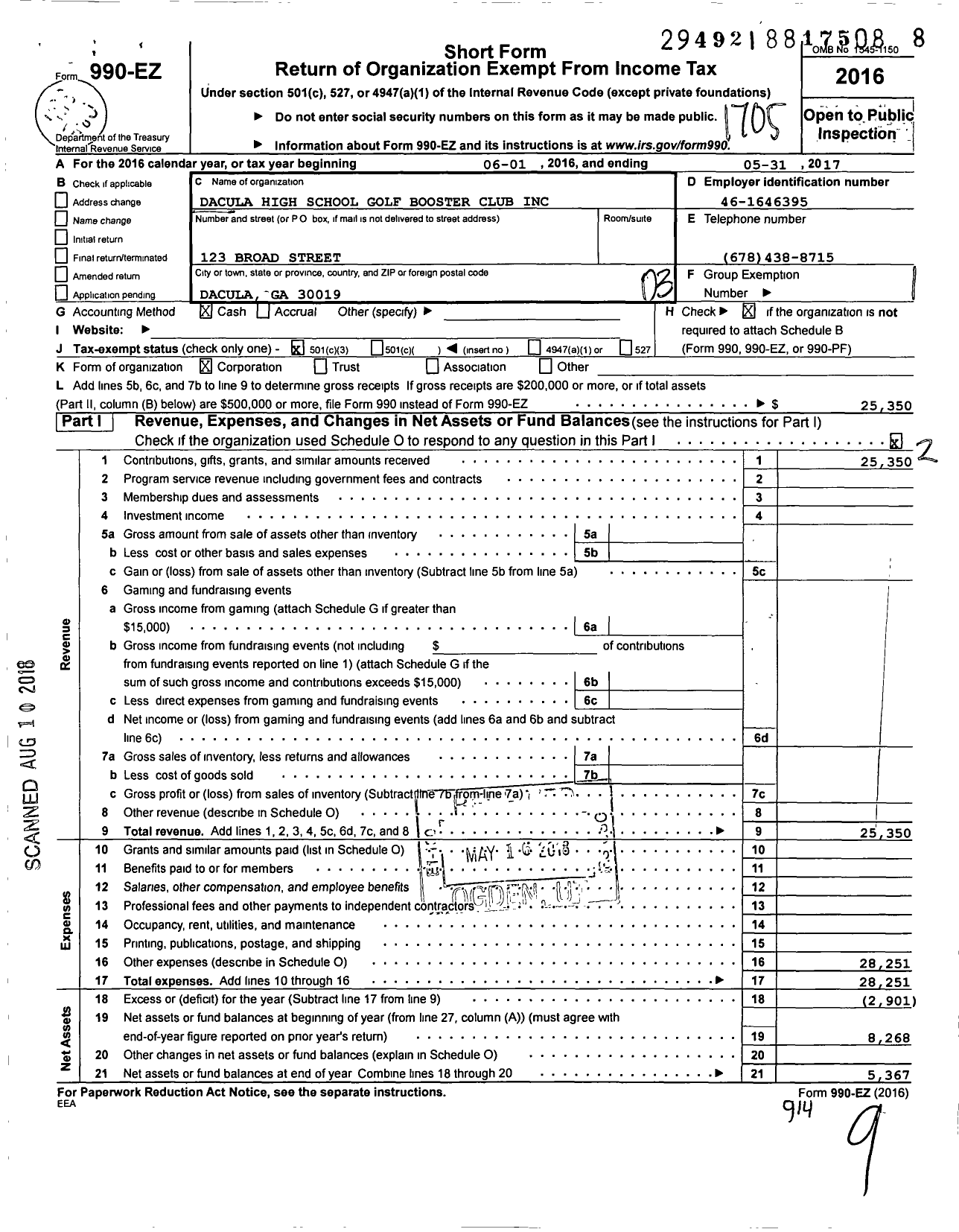 Image of first page of 2016 Form 990EZ for Parent Booster USA / DHS Golf Booster Club Inc