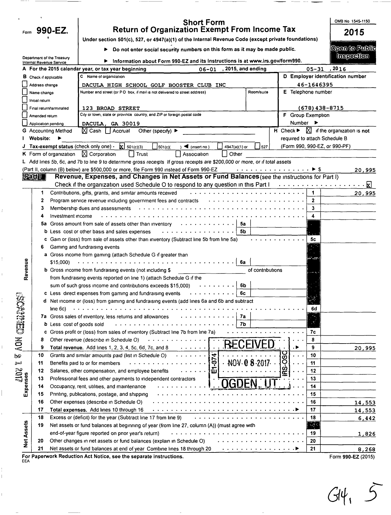 Image of first page of 2015 Form 990EZ for Parent Booster USA / DHS Golf Booster Club Inc