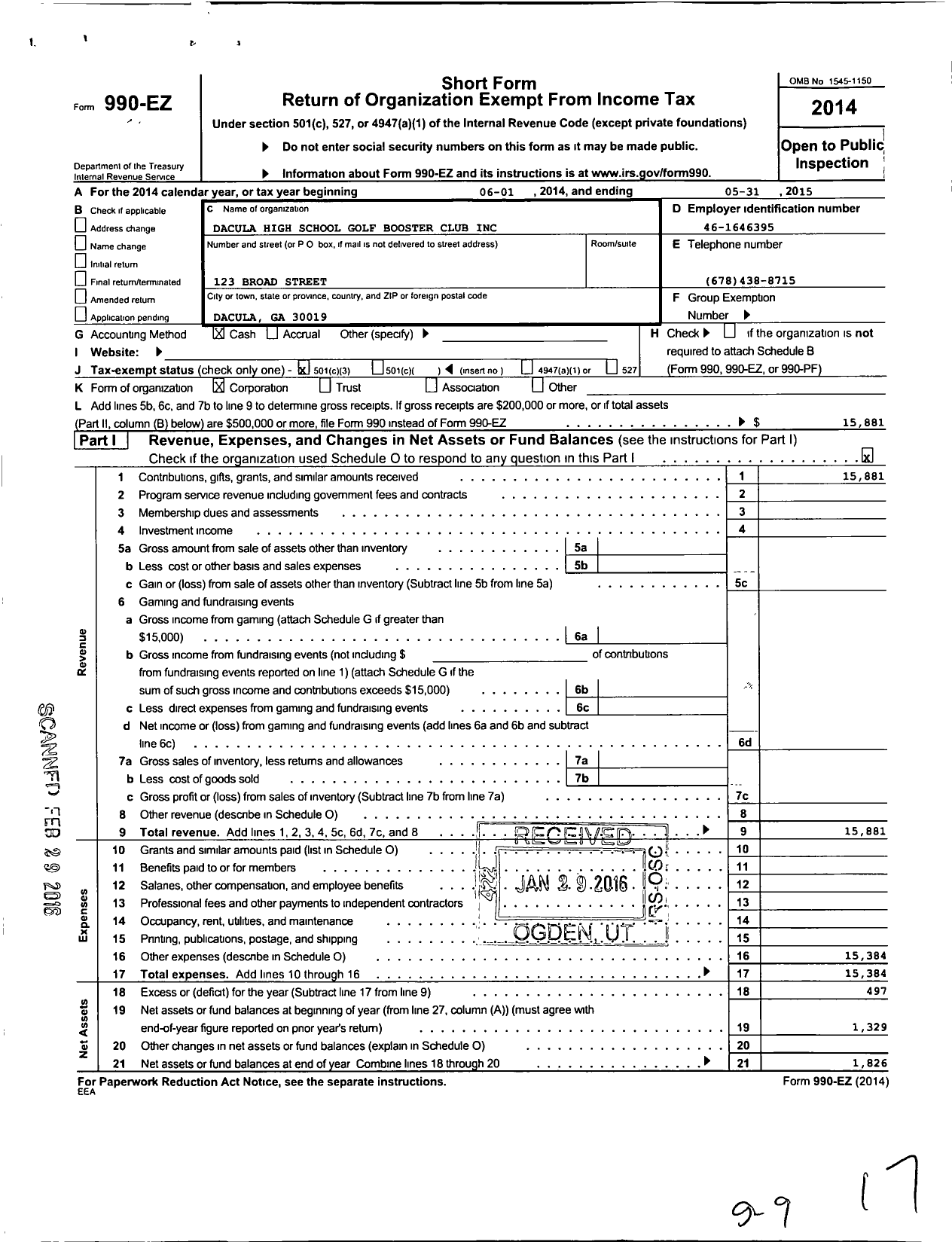 Image of first page of 2014 Form 990EZ for Parent Booster USA / DHS Golf Booster Club Inc