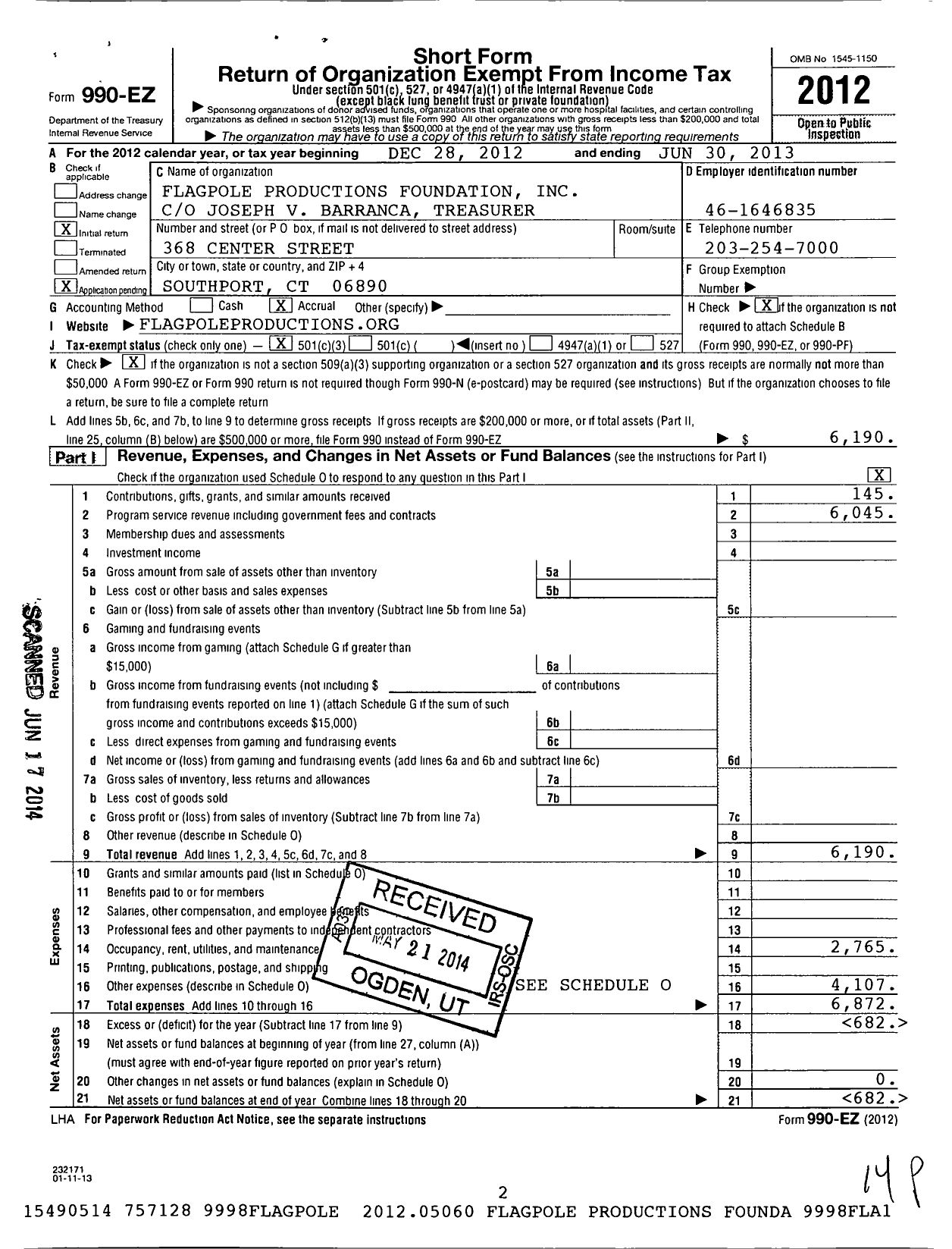 Image of first page of 2012 Form 990EZ for Flagpole Productions Foundation