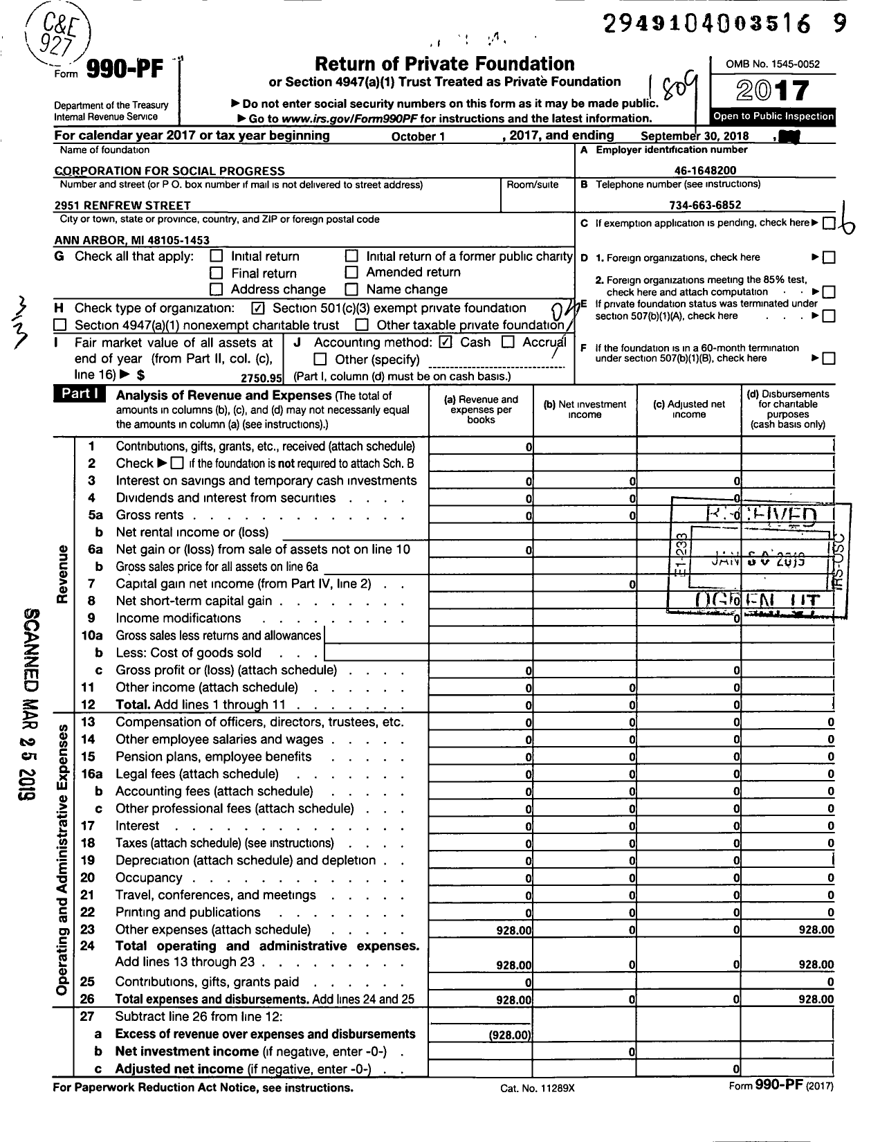 Image of first page of 2017 Form 990PF for Corporation for Social Progress