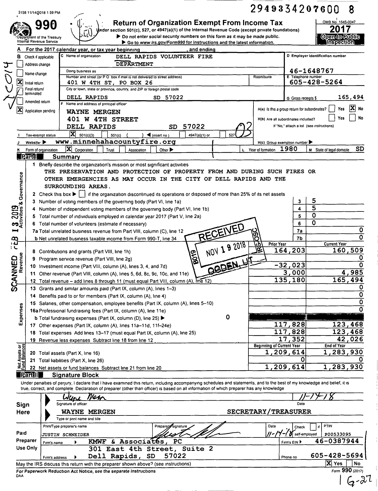 Image of first page of 2017 Form 990 for Dell Rapids Volunteer Fire Department