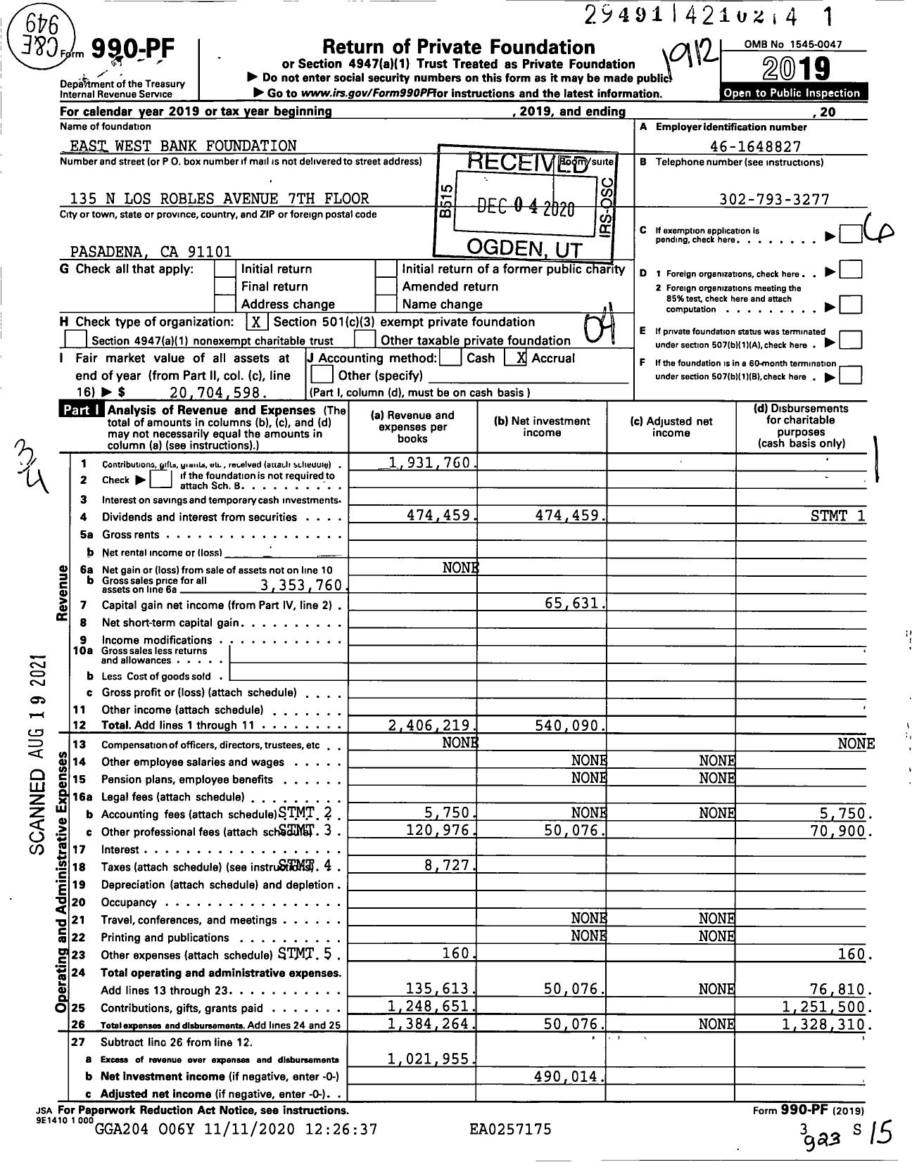 Image of first page of 2019 Form 990PF for East West Bank Foundation