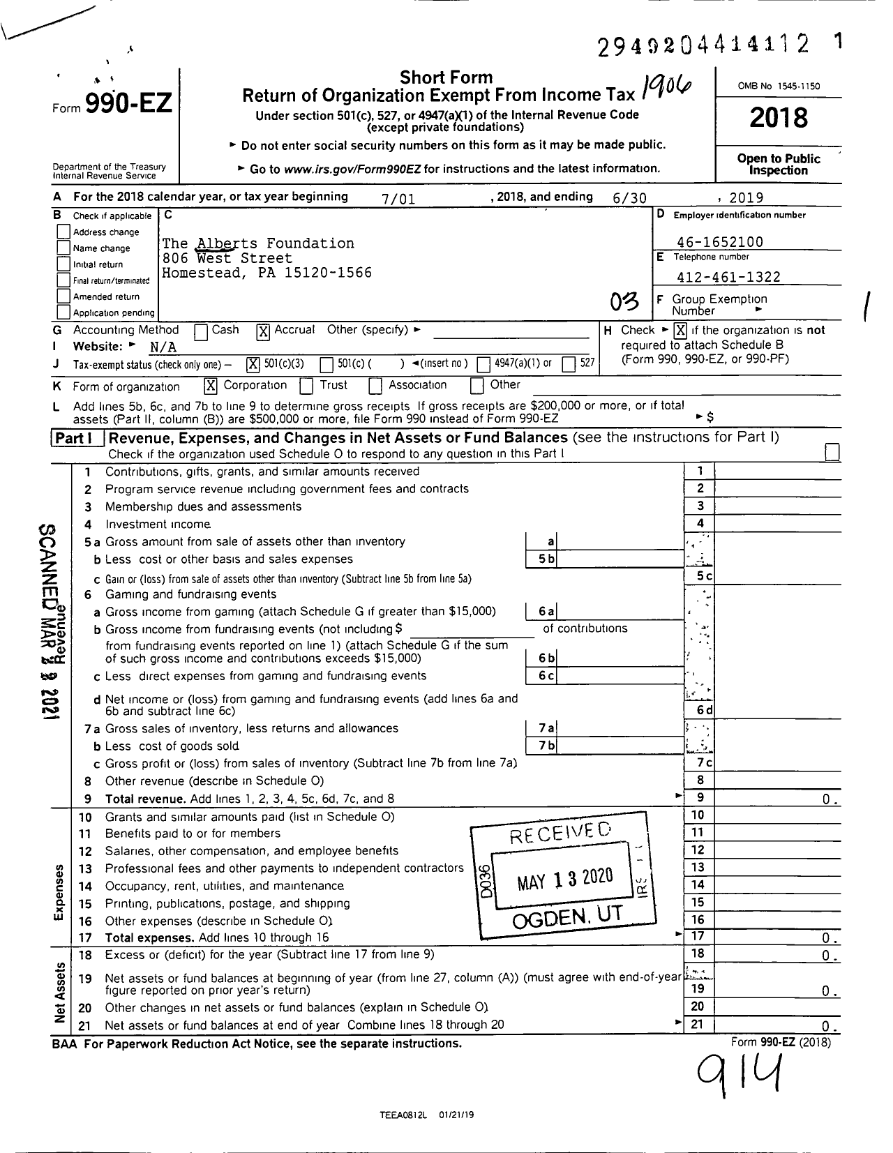 Image of first page of 2018 Form 990EZ for The Alberts Foundation