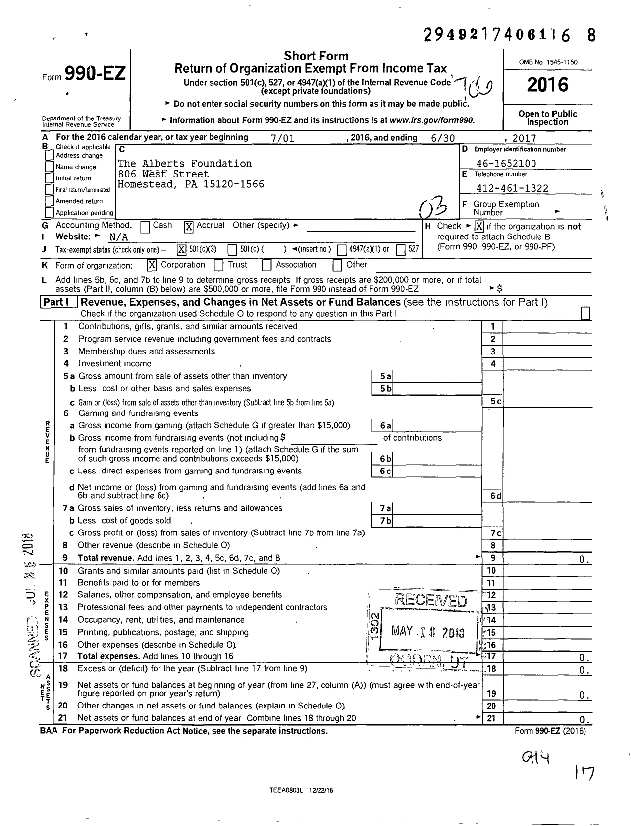 Image of first page of 2016 Form 990EZ for The Alberts Foundation