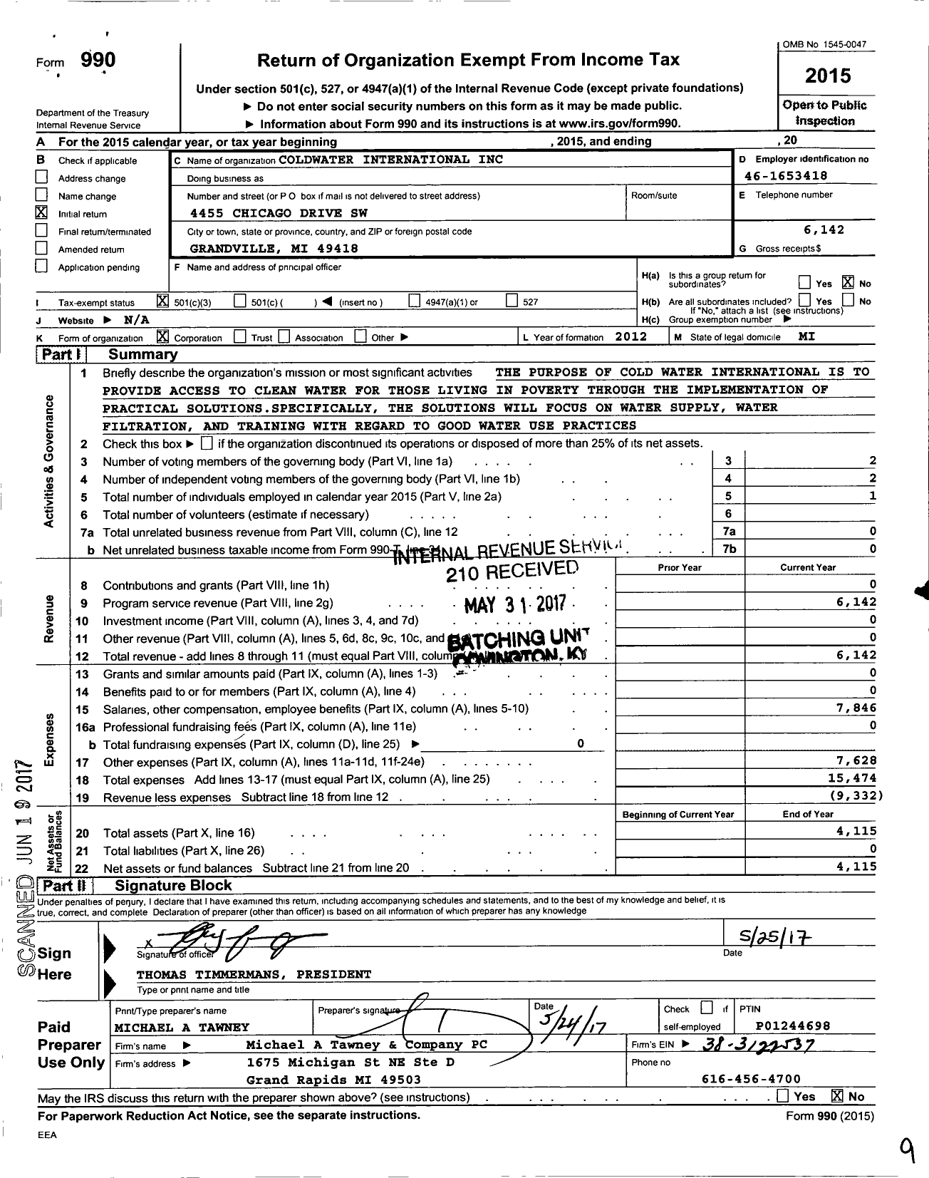 Image of first page of 2015 Form 990 for Cold Water International